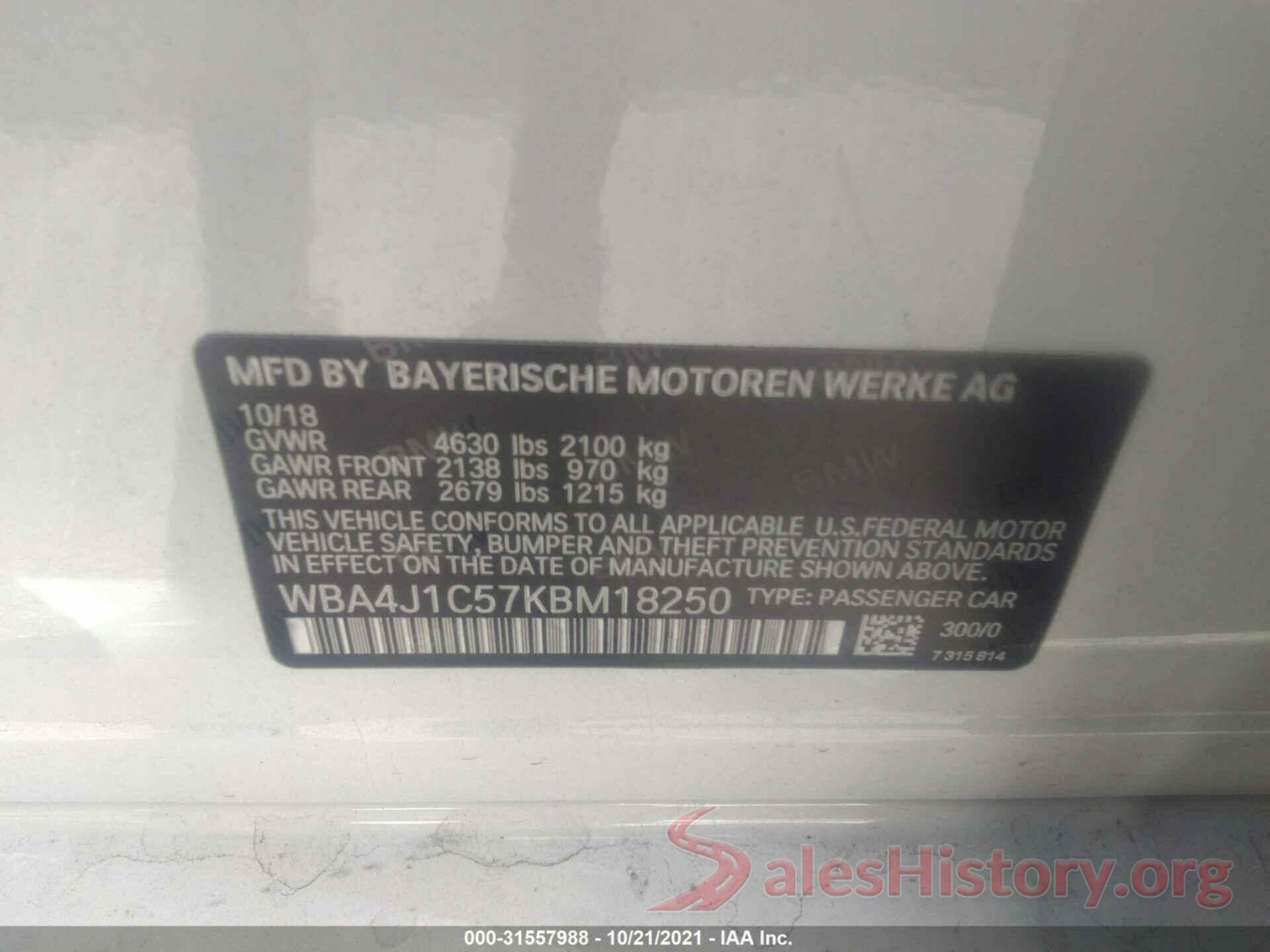 WBA4J1C57KBM18250 2019 BMW 4 SERIES