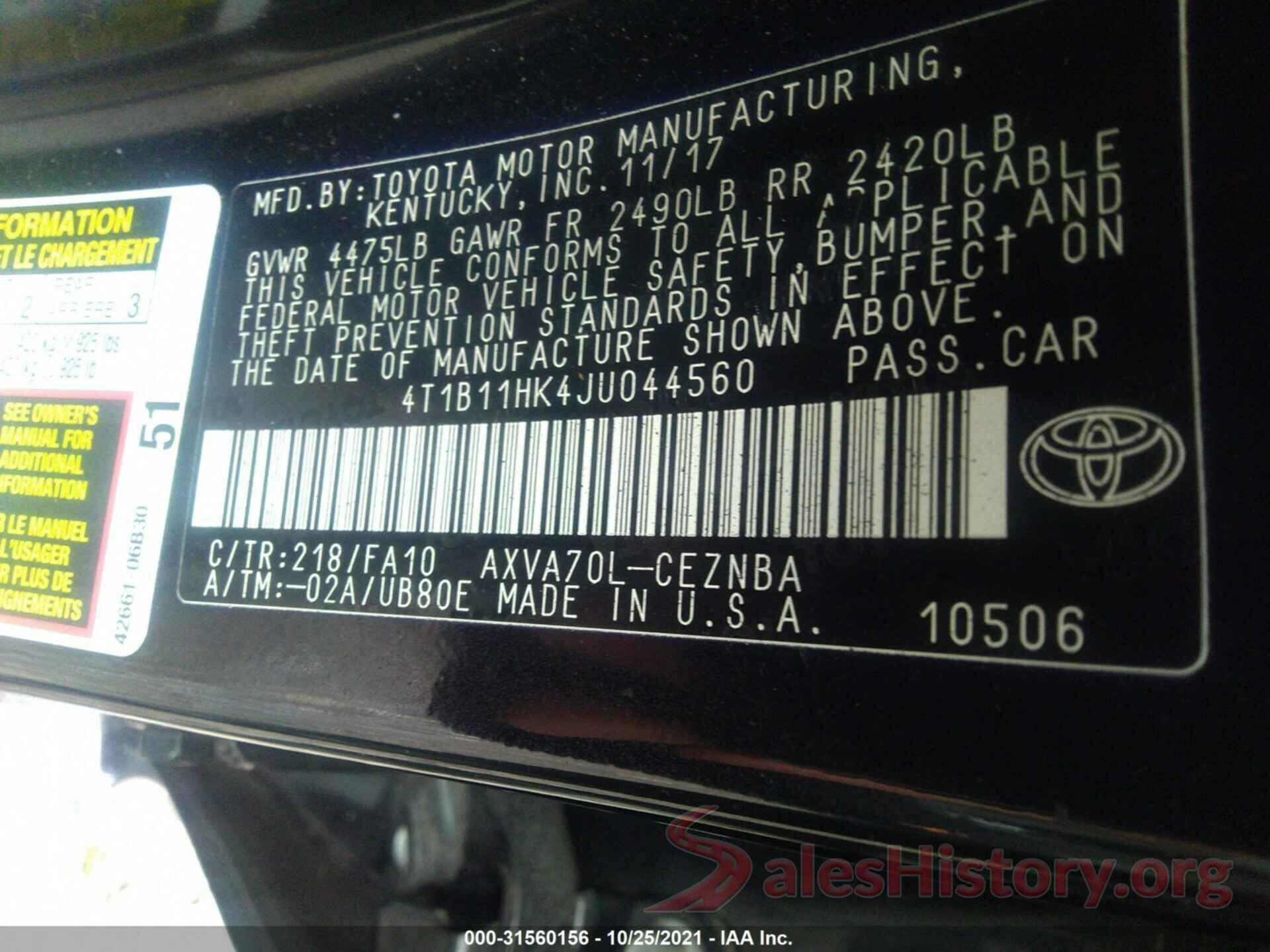 4T1B11HK4JU044560 2018 TOYOTA CAMRY