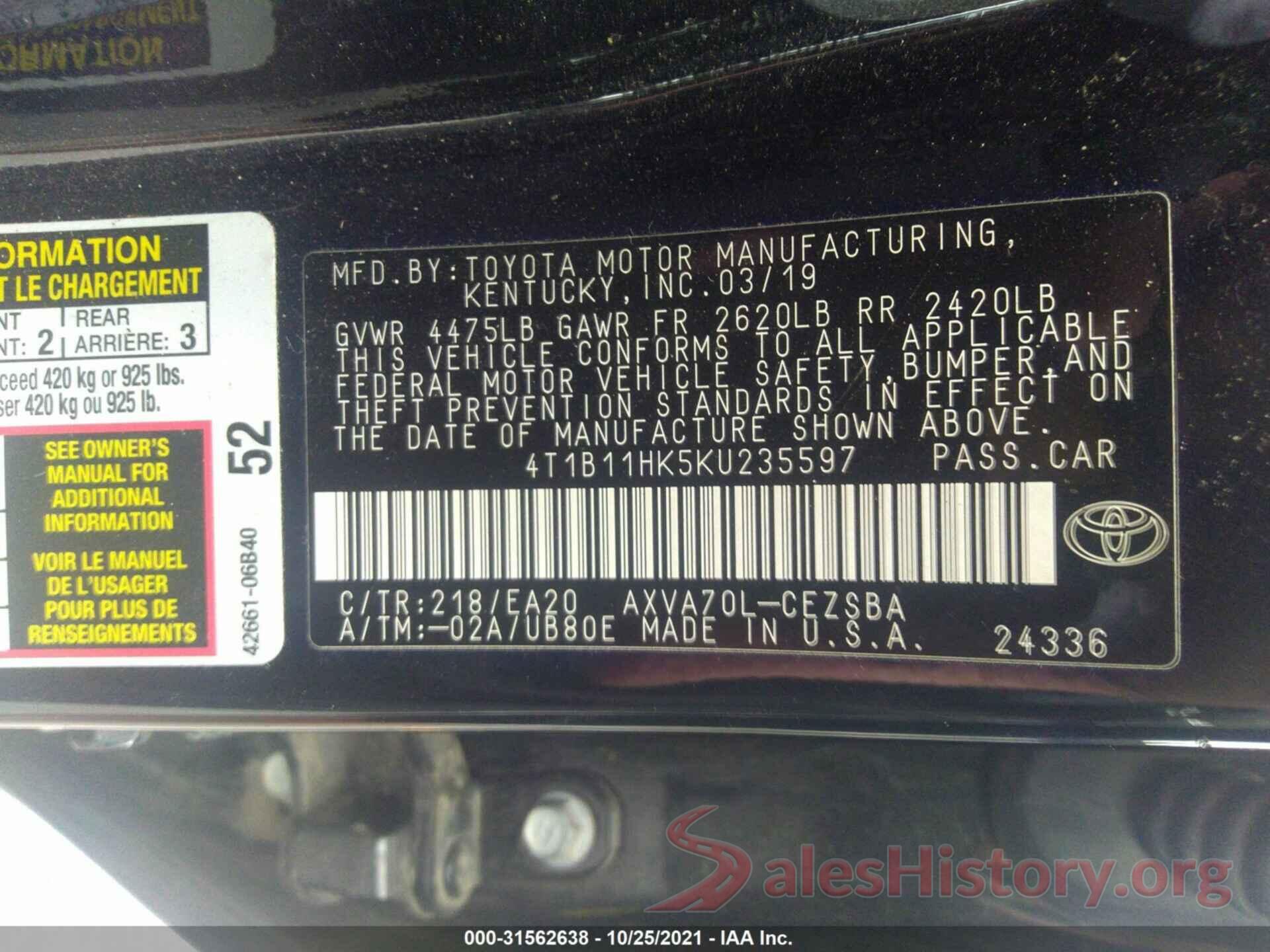 4T1B11HK5KU235597 2019 TOYOTA CAMRY