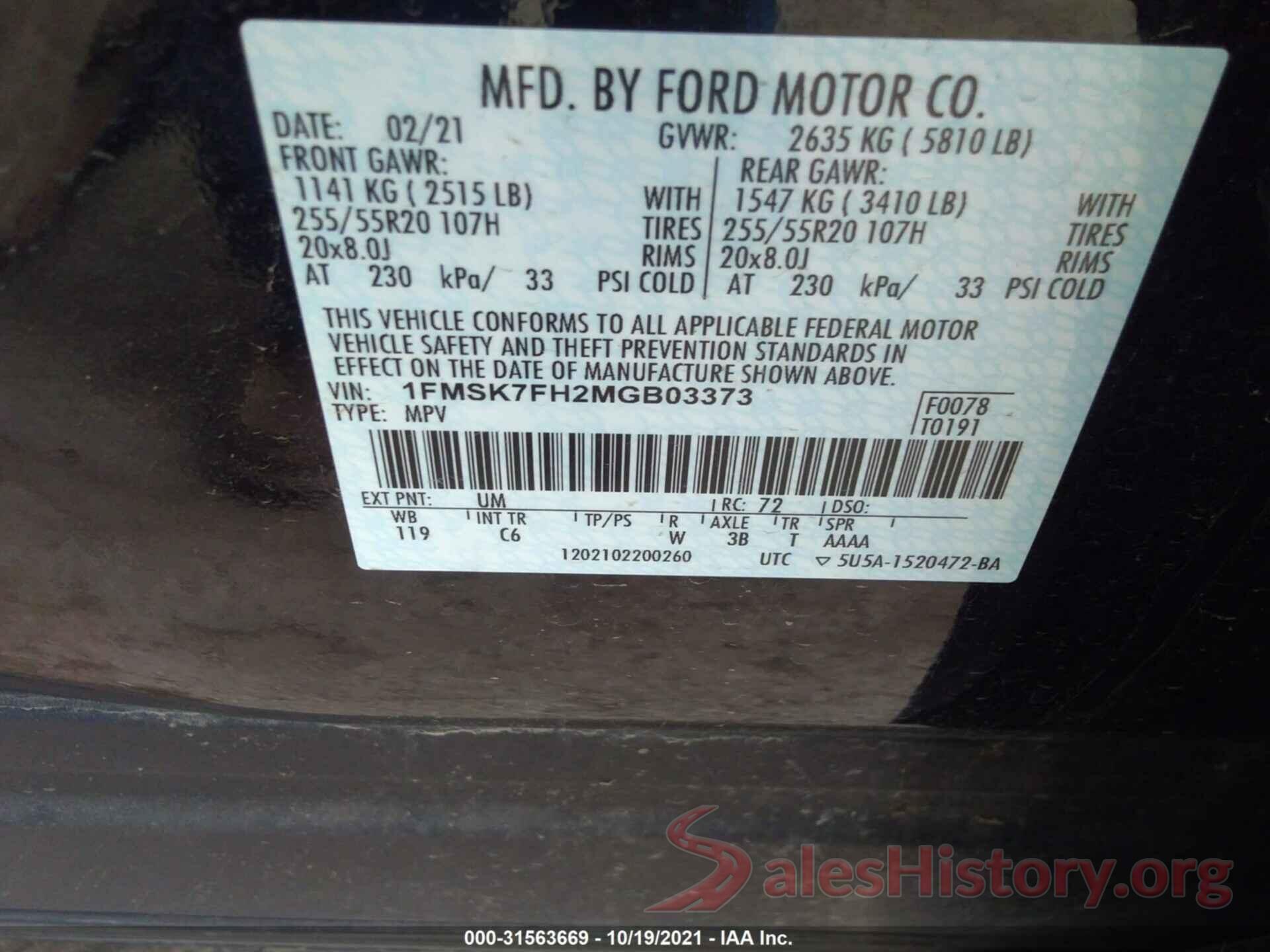 1FMSK7FH2MGB03373 2021 FORD EXPLORER