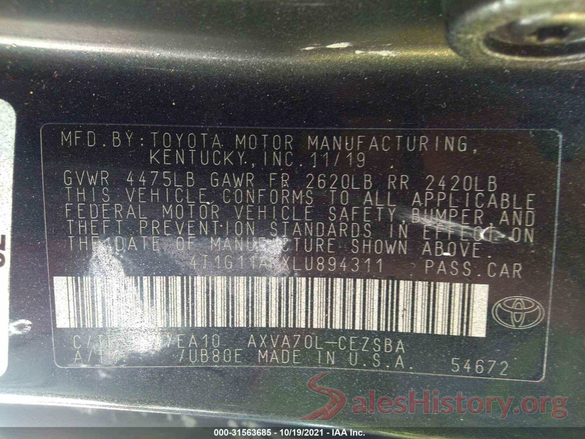 4T1G11AKXLU894311 2020 TOYOTA CAMRY