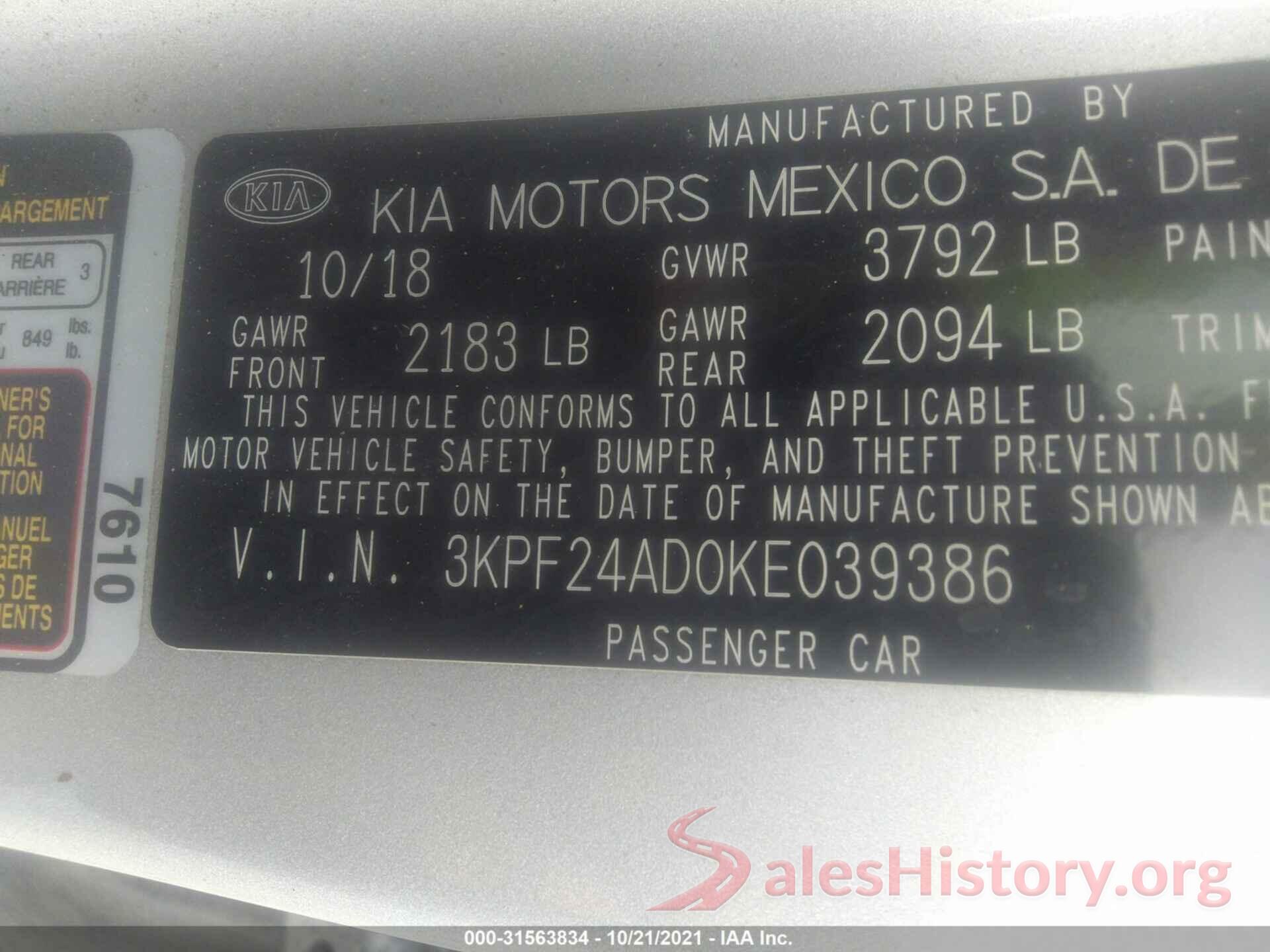 3KPF24AD0KE039386 2019 KIA FORTE