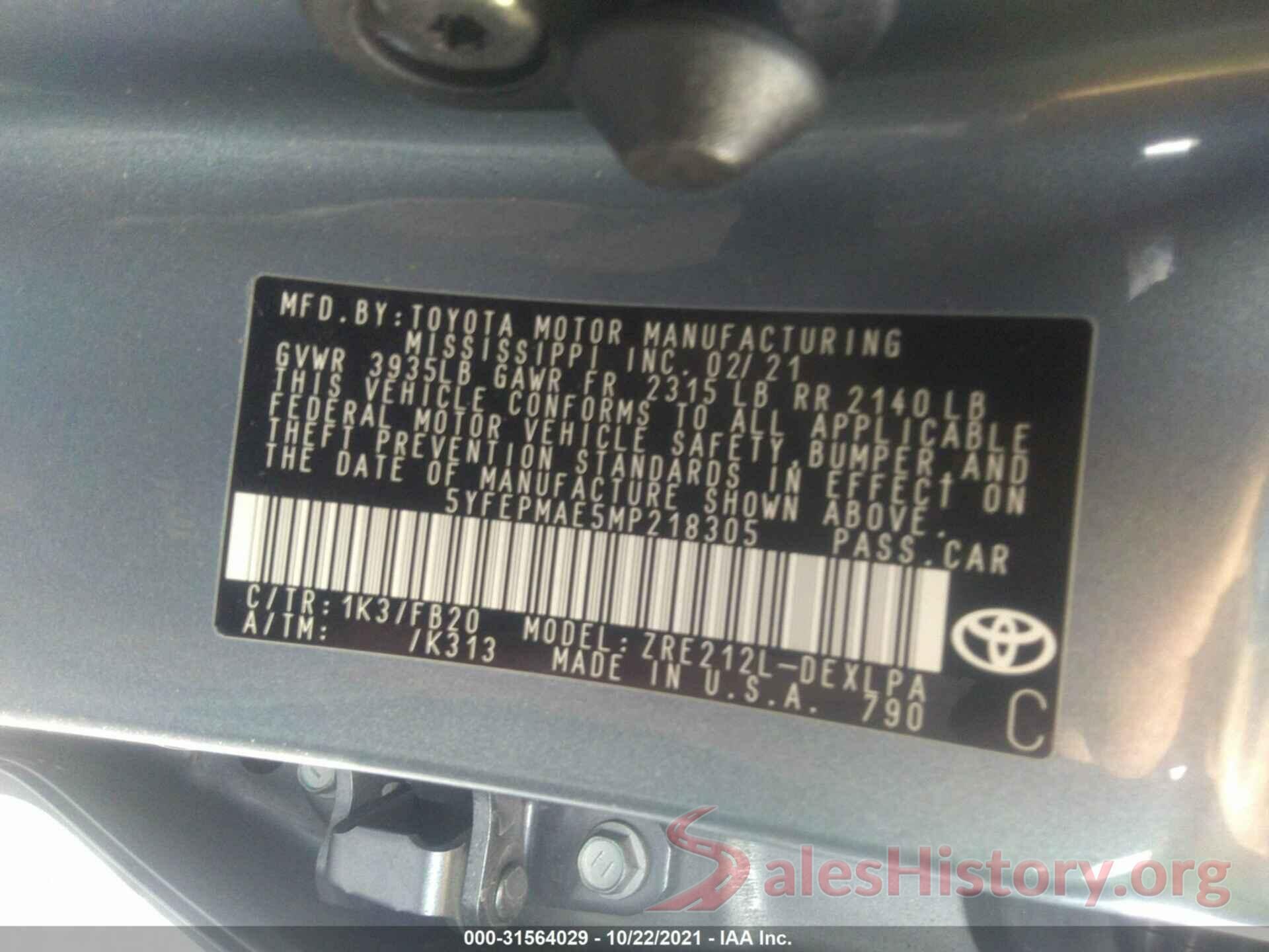 5YFEPMAE5MP218305 2021 TOYOTA COROLLA