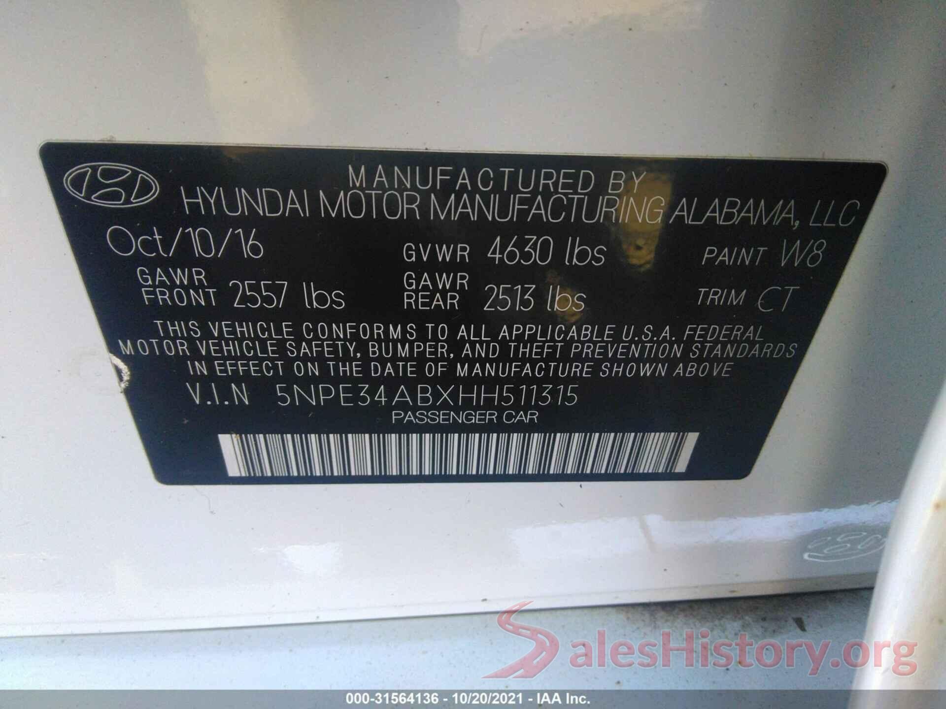 5NPE34ABXHH511315 2017 HYUNDAI SONATA