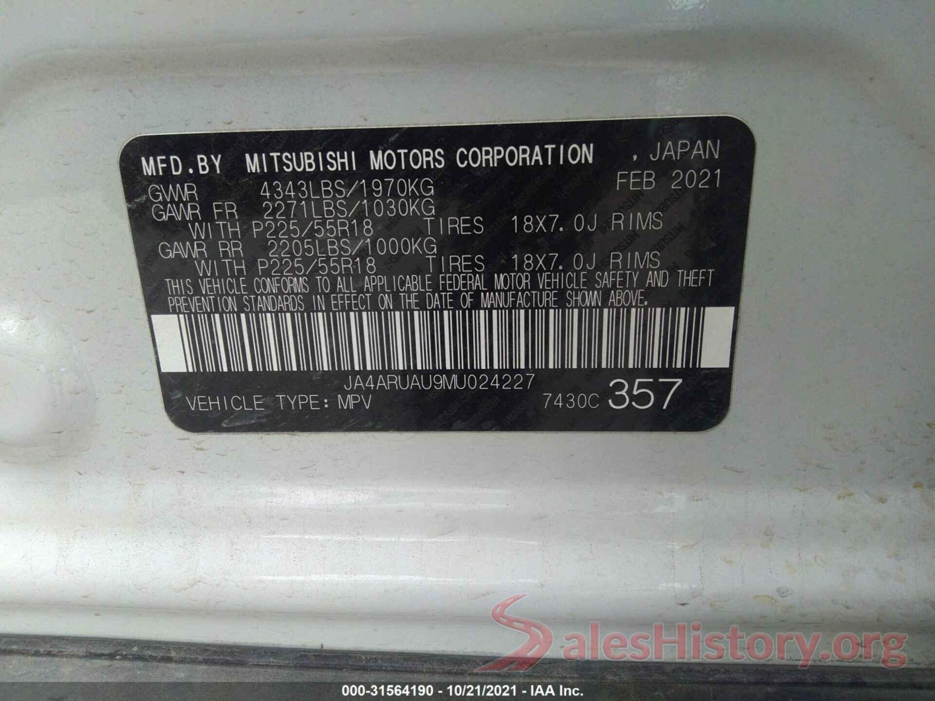 JA4ARUAU9MU024227 2021 MITSUBISHI OUTLANDER SPORT