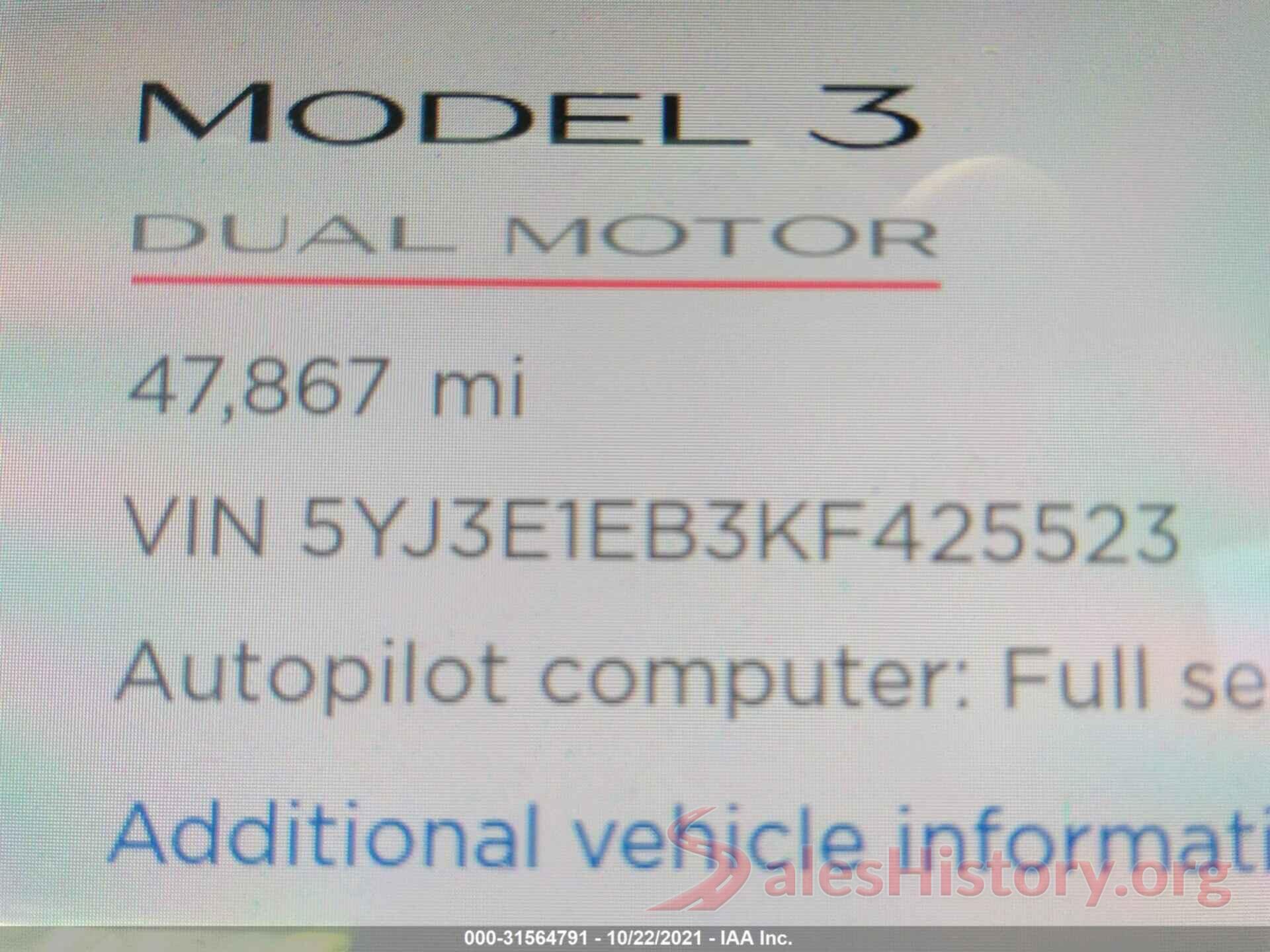 5YJ3E1EB3KF425523 2019 TESLA MODEL 3