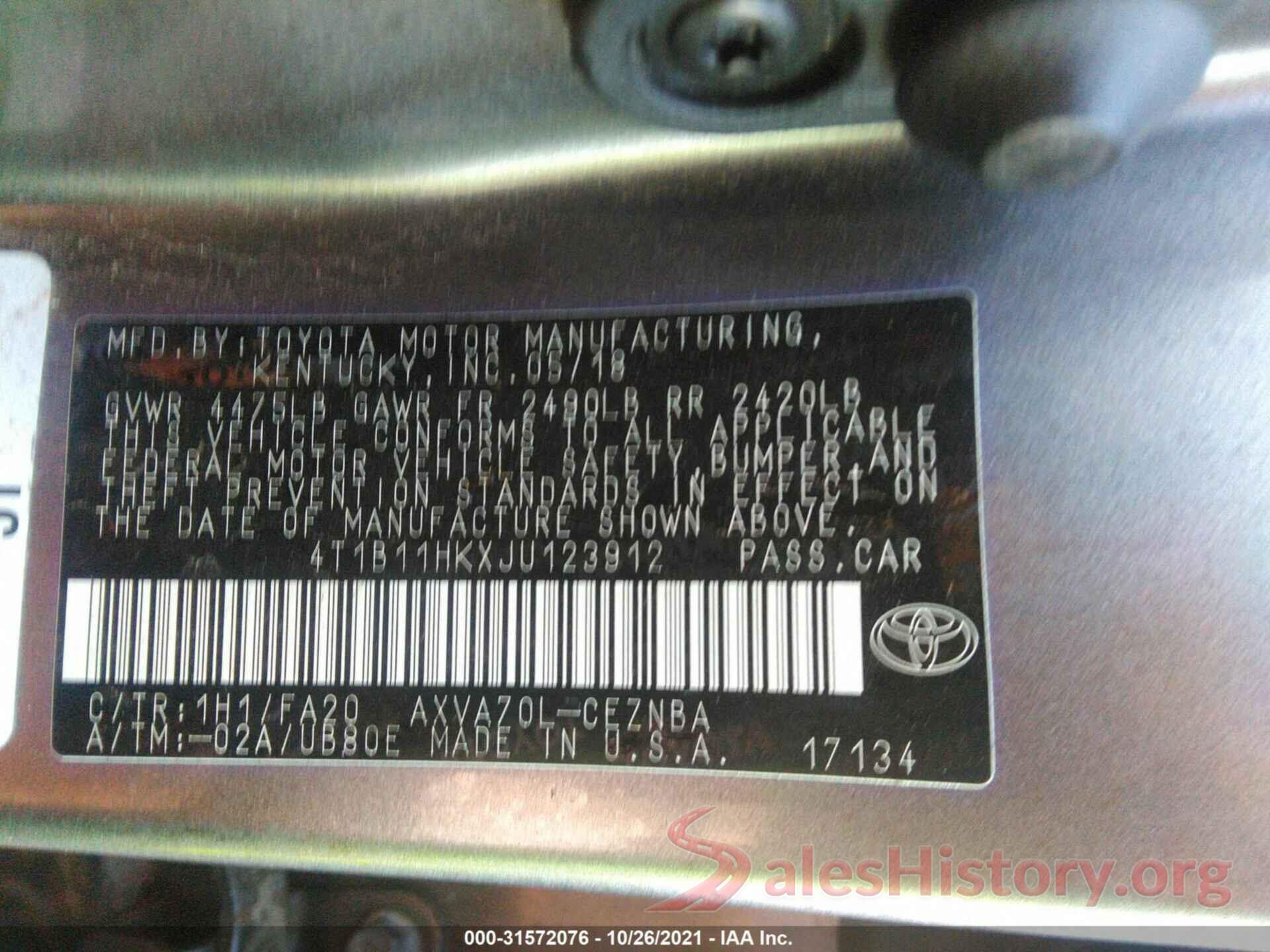 4T1B11HKXJU123912 2018 TOYOTA CAMRY