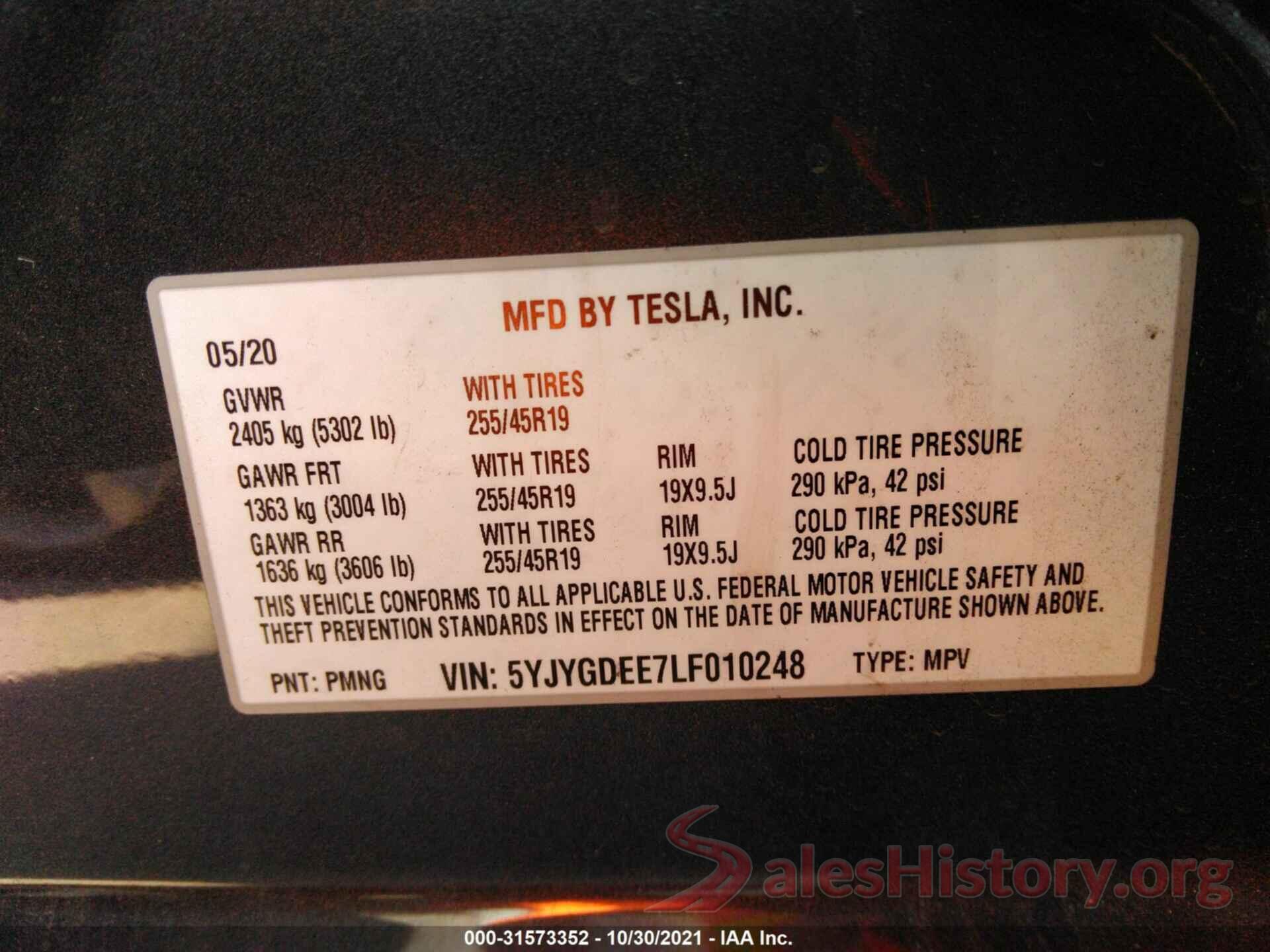 5YJYGDEE7LF010248 2020 TESLA MODEL Y