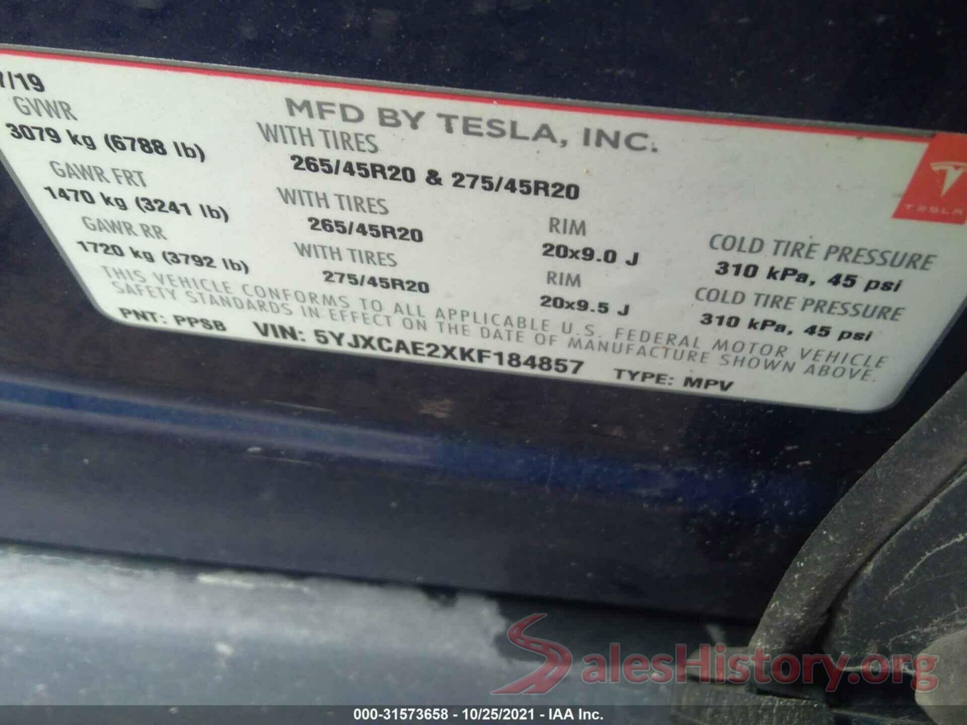 5YJXCAE2XKF184857 2019 TESLA MODEL X