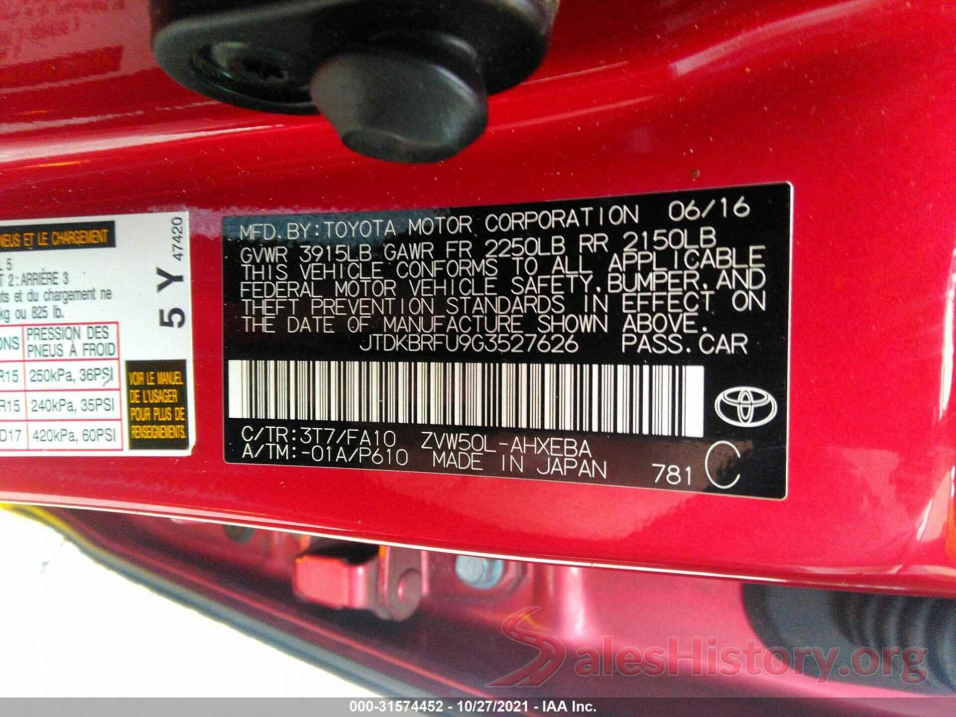 JTDKBRFU9G3527626 2016 TOYOTA PRIUS