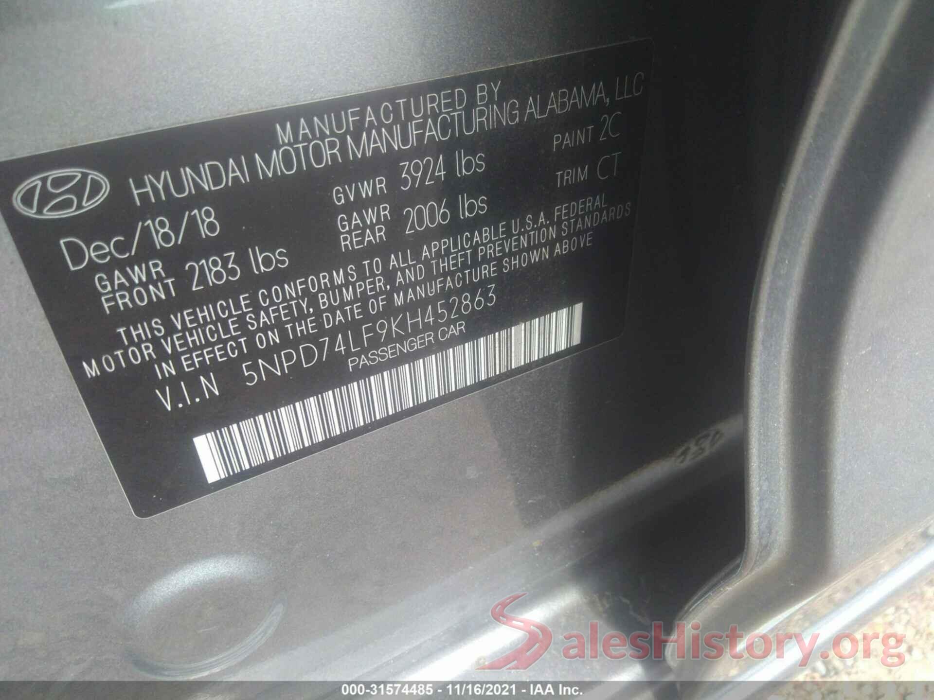 5NPD74LF9KH452863 2019 HYUNDAI ELANTRA