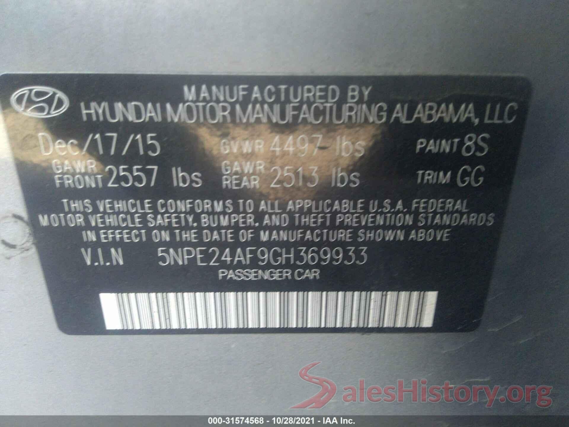 5NPE24AF9GH369933 2016 HYUNDAI SONATA