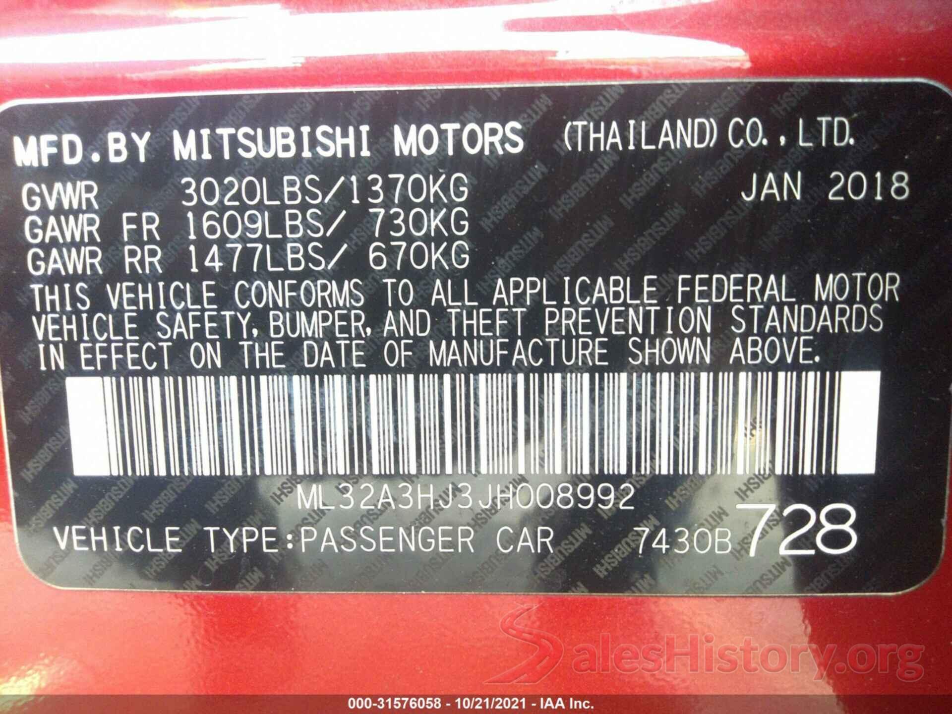 ML32A3HJ3JH008992 2018 MITSUBISHI MIRAGE