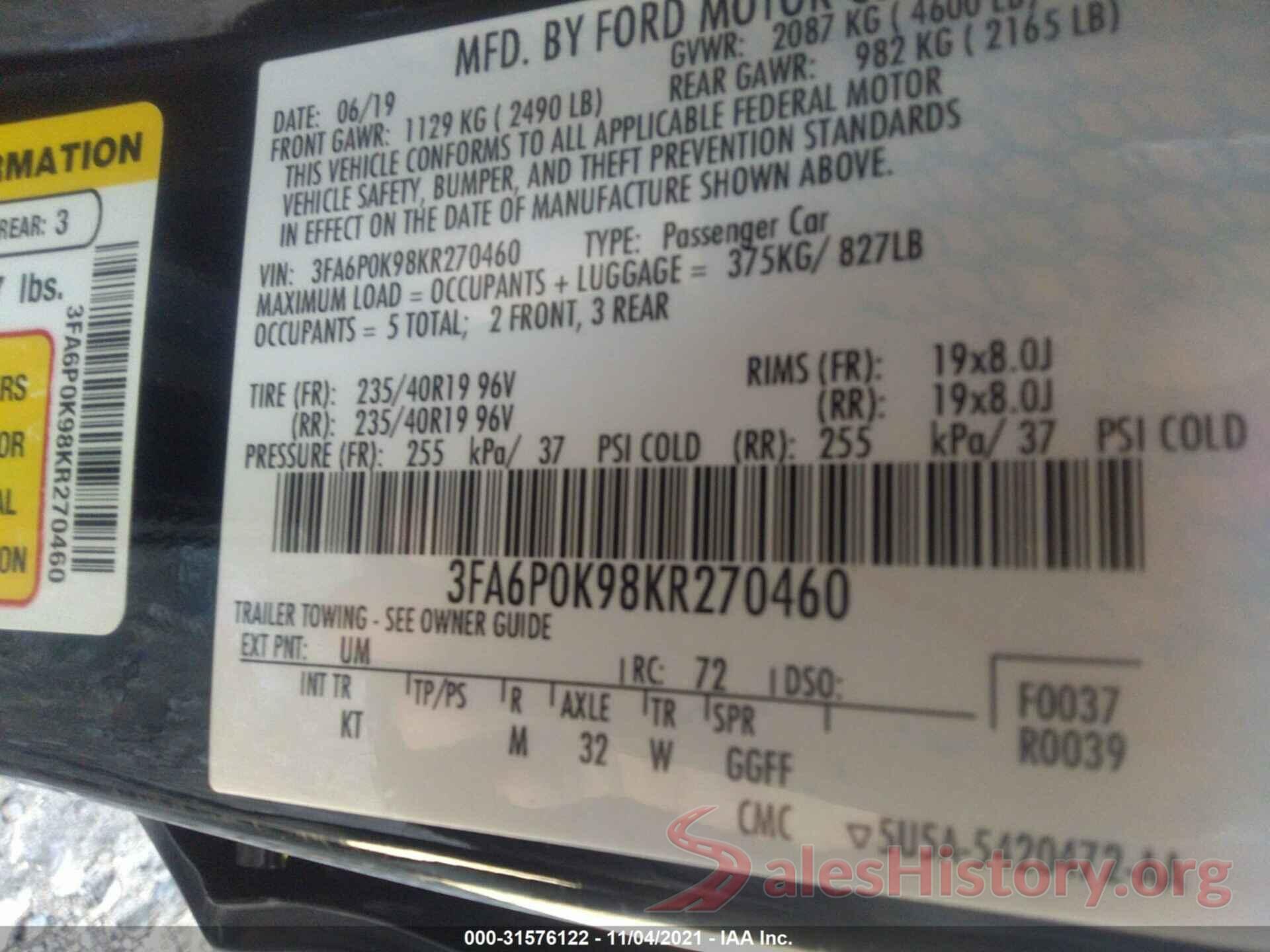 3FA6P0K98KR270460 2019 FORD FUSION