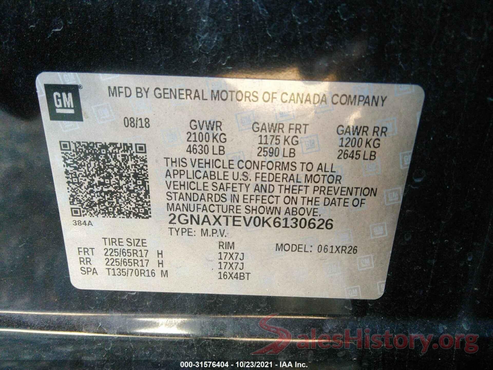 2GNAXTEV0K6130626 2019 CHEVROLET EQUINOX