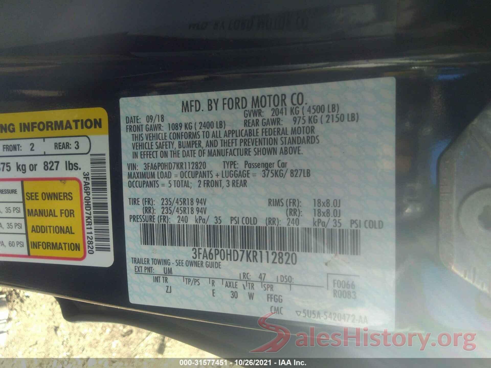 3FA6P0HD7KR112820 2019 FORD FUSION