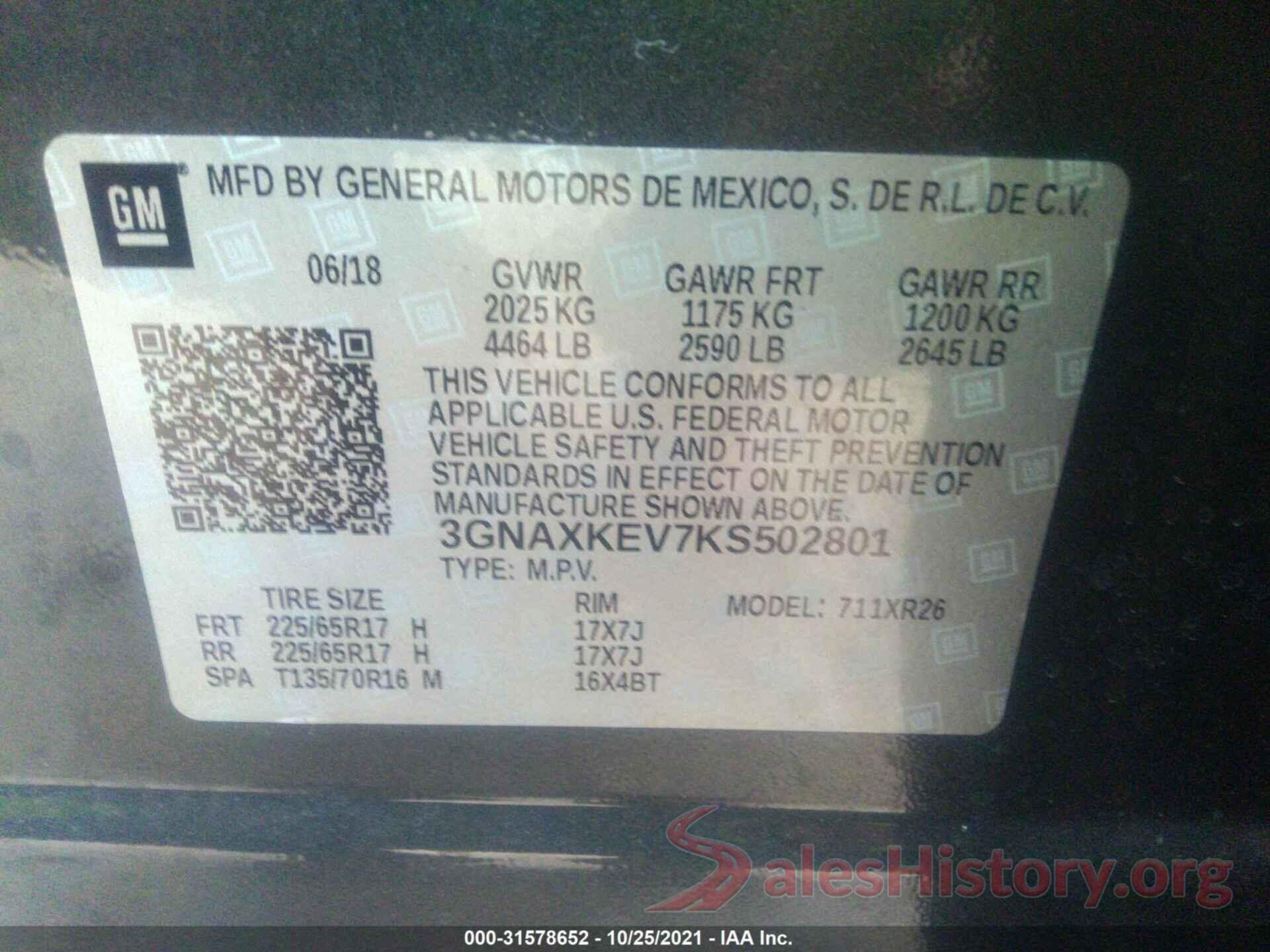 3GNAXKEV7KS502801 2019 CHEVROLET EQUINOX