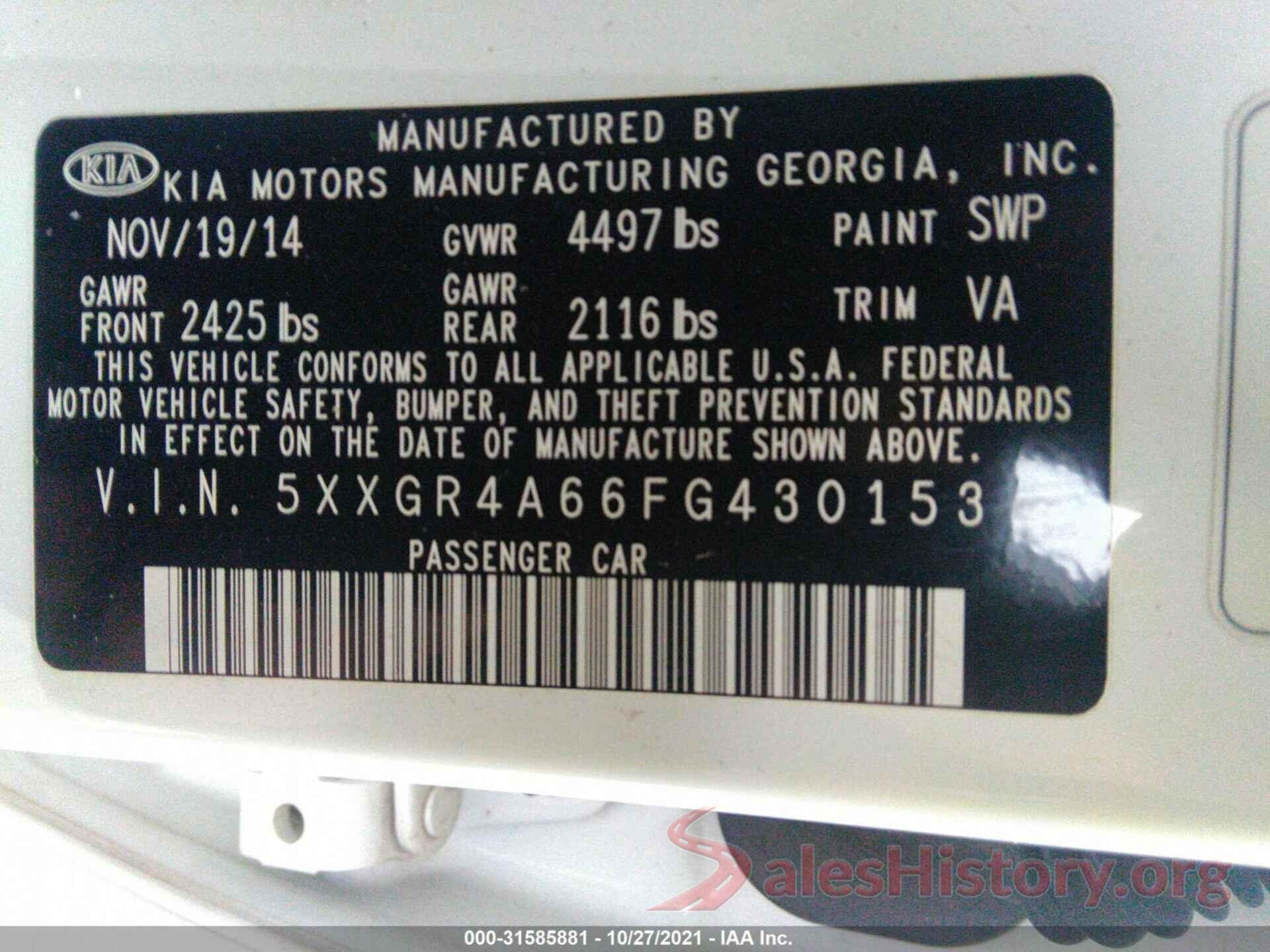 5XXGR4A66FG430153 2015 KIA OPTIMA