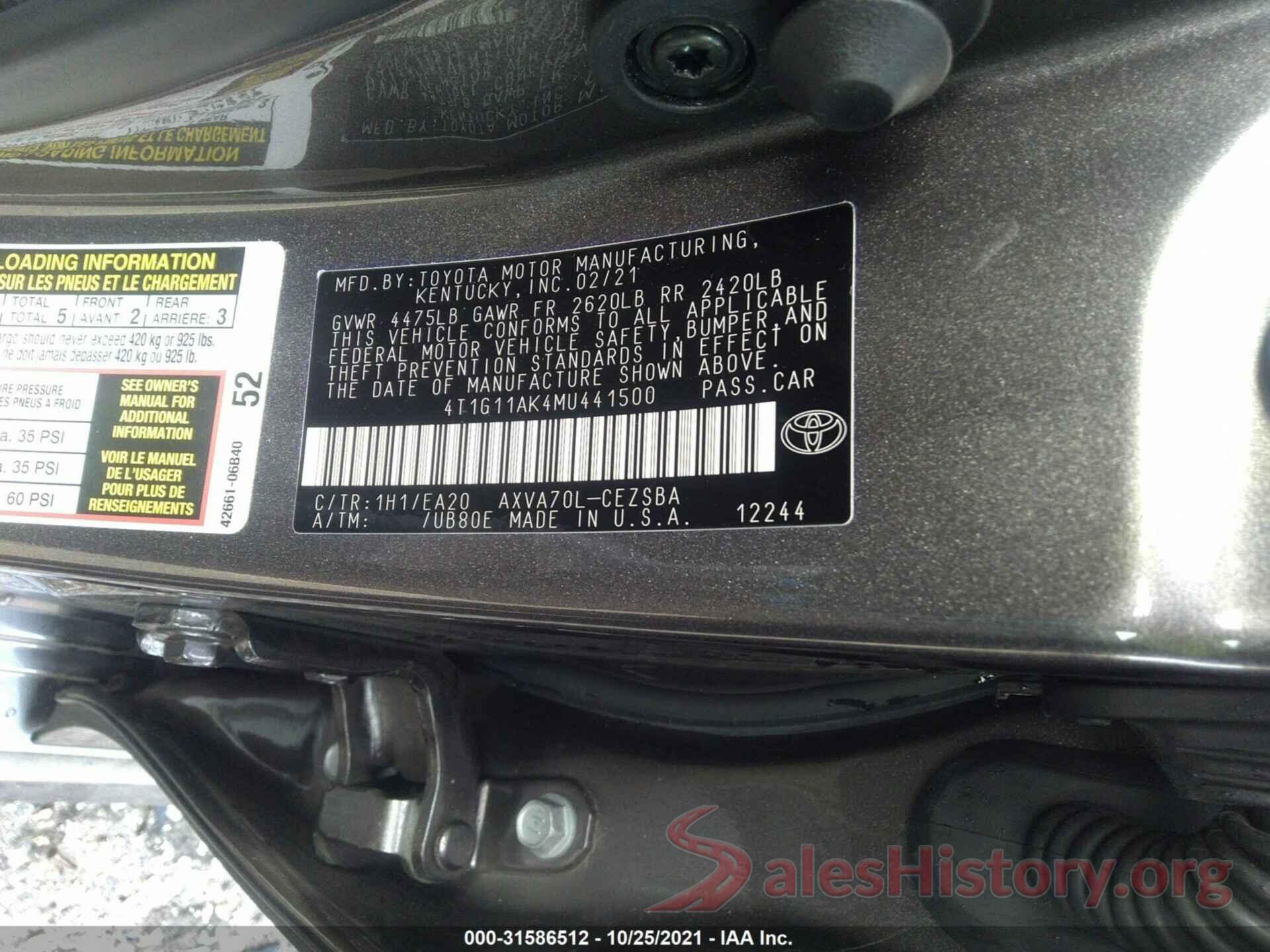 4T1G11AK4MU441500 2021 TOYOTA CAMRY