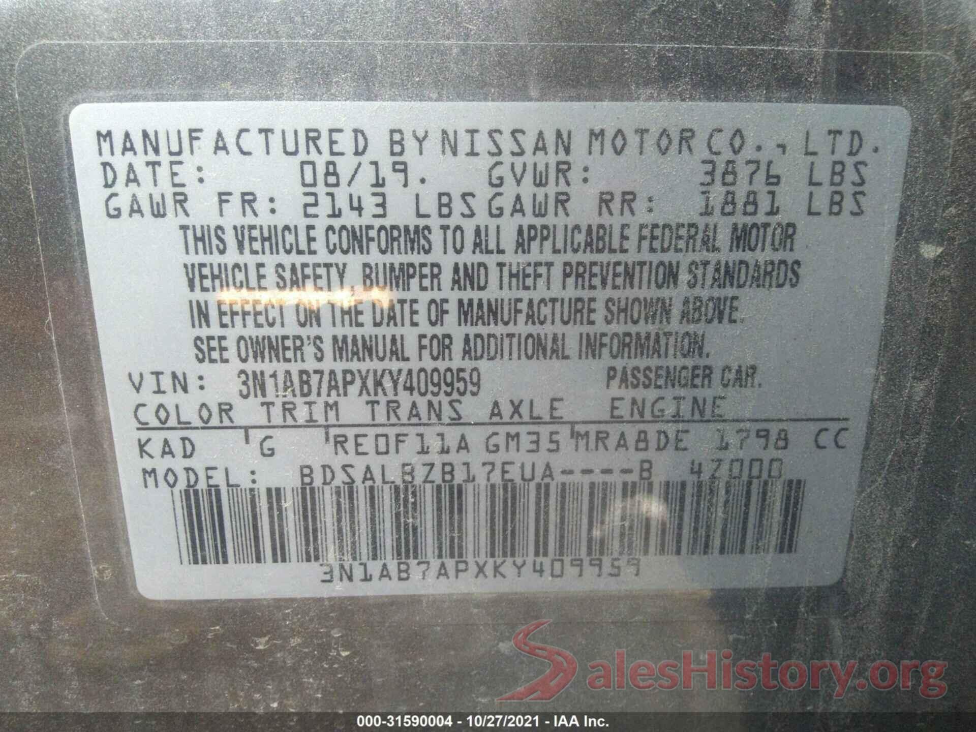 3N1AB7APXKY409959 2019 NISSAN SENTRA