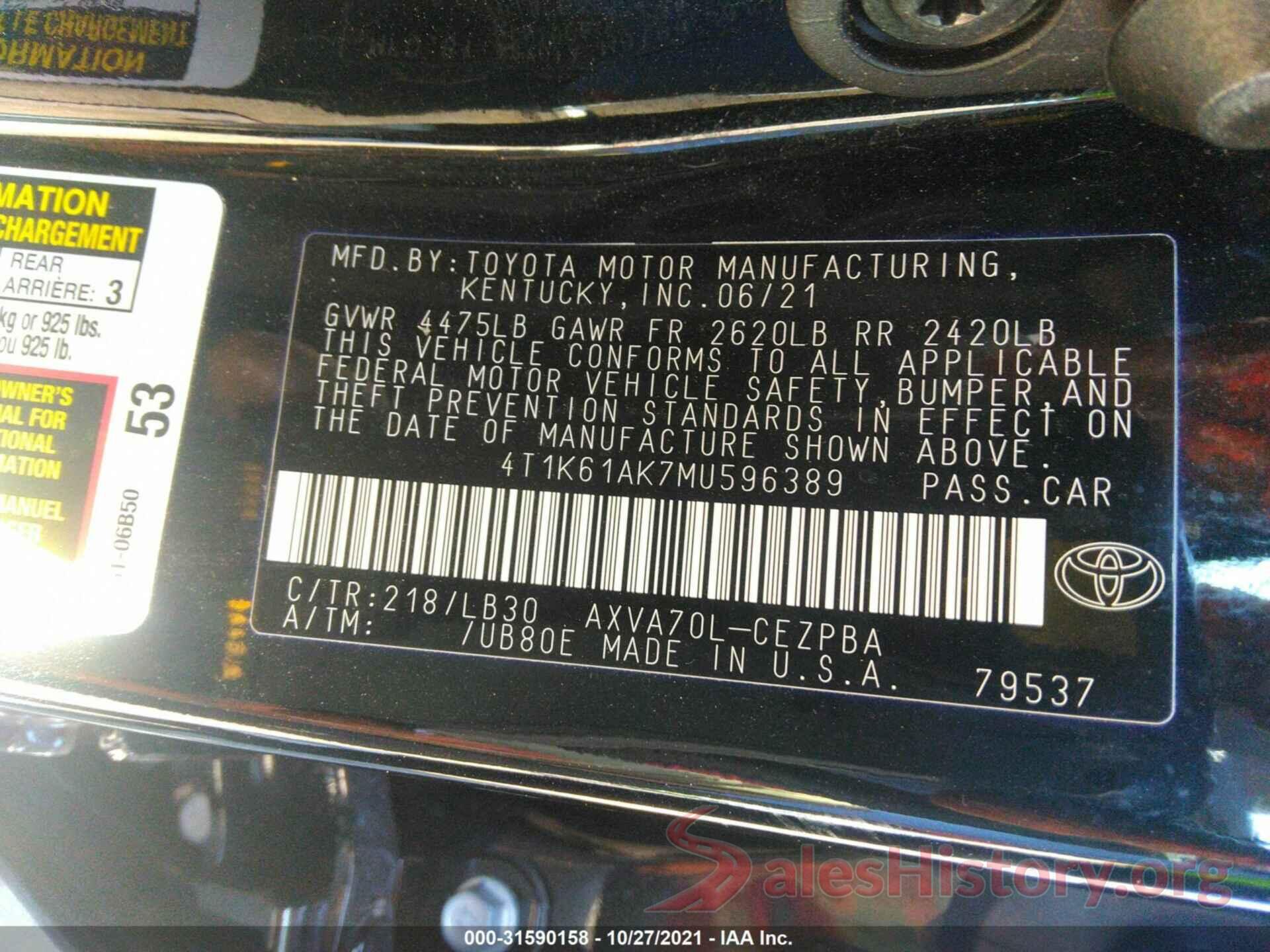 4T1K61AK7MU596389 2021 TOYOTA CAMRY