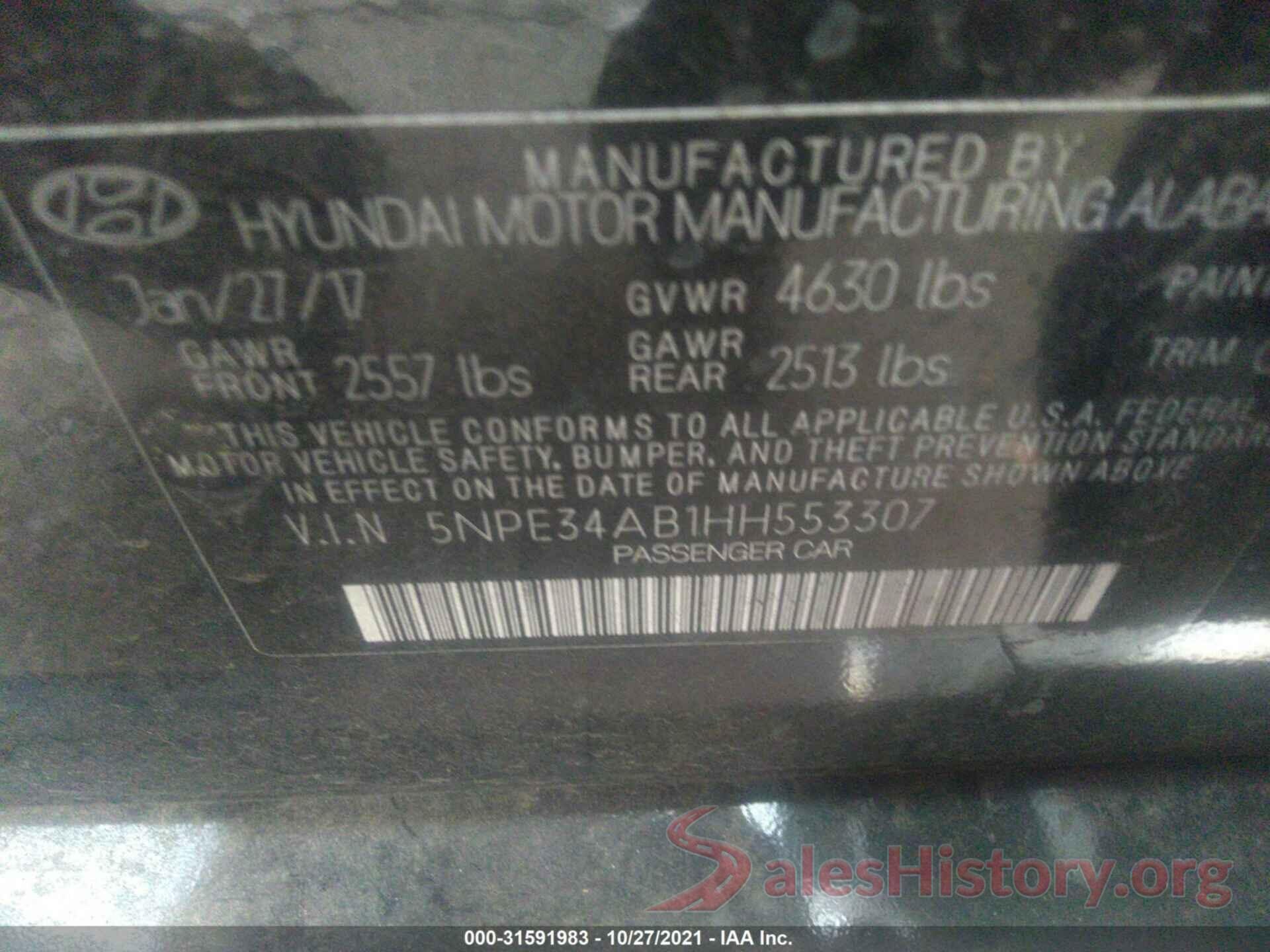 5NPE34AB1HH553307 2017 HYUNDAI SONATA