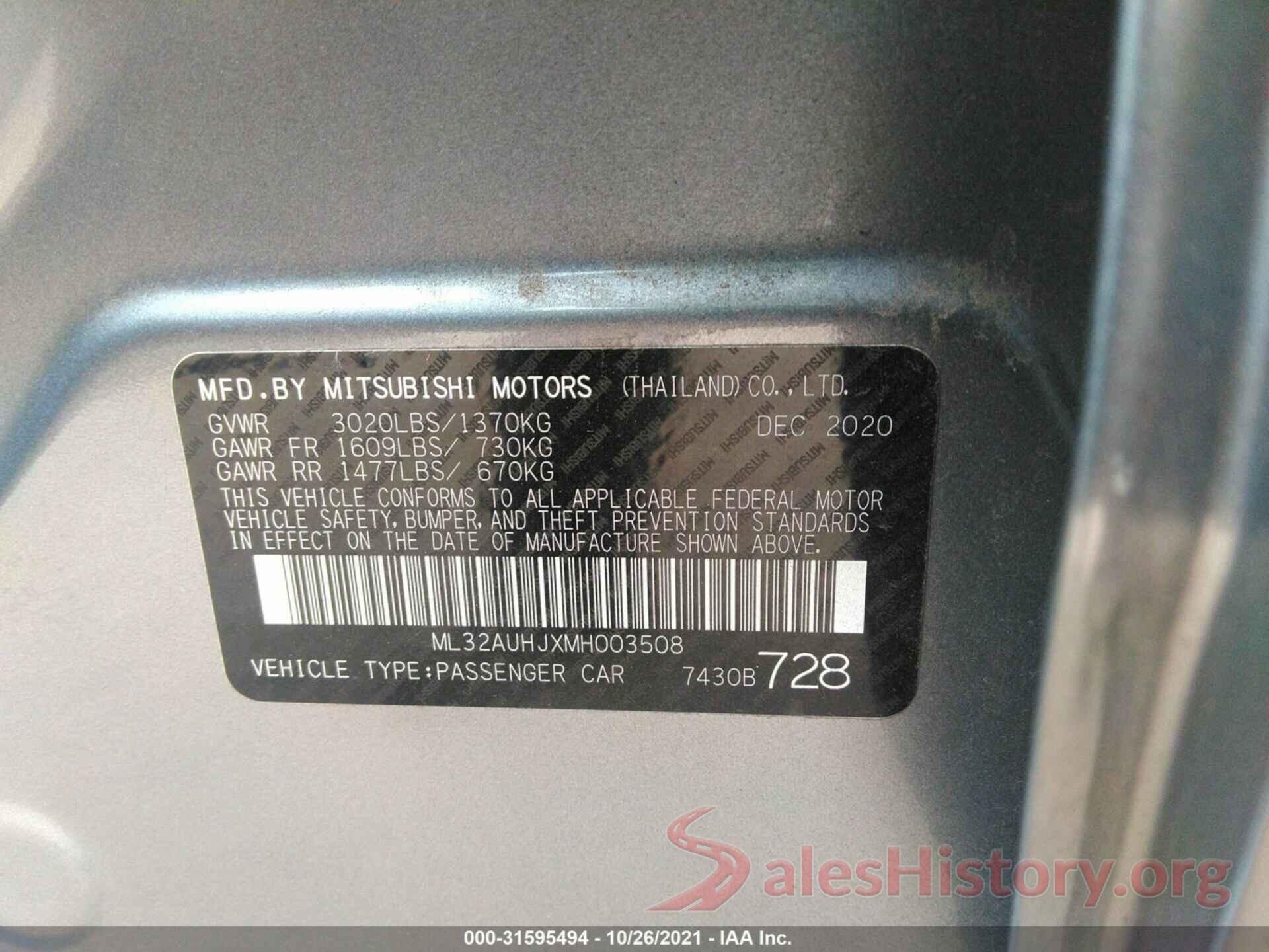 ML32AUHJXMH003508 2021 MITSUBISHI MIRAGE