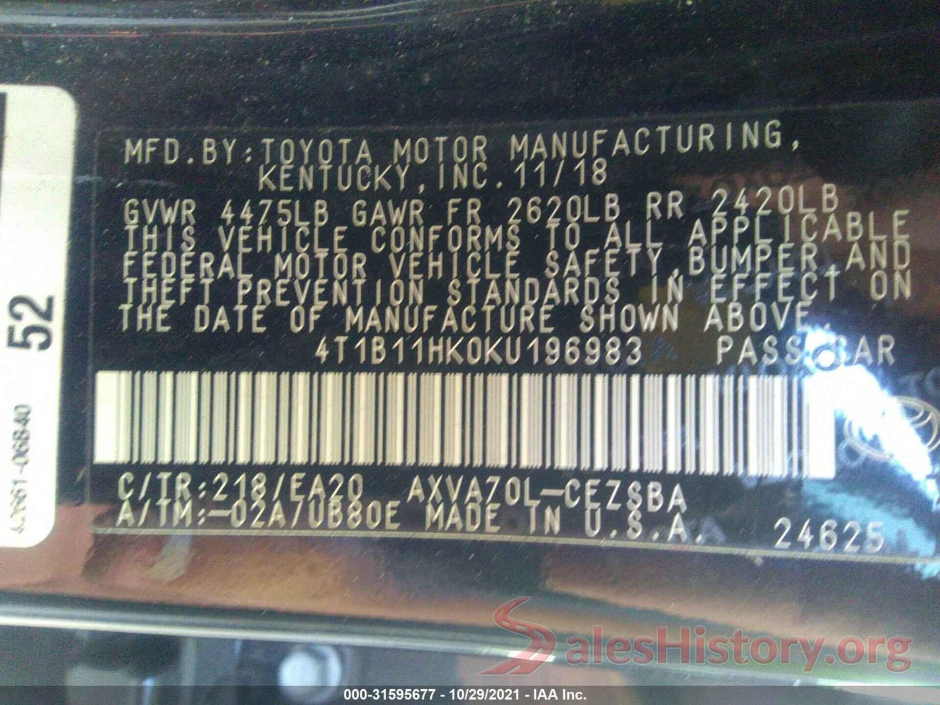 4T1B11HK0KU196983 2019 TOYOTA CAMRY