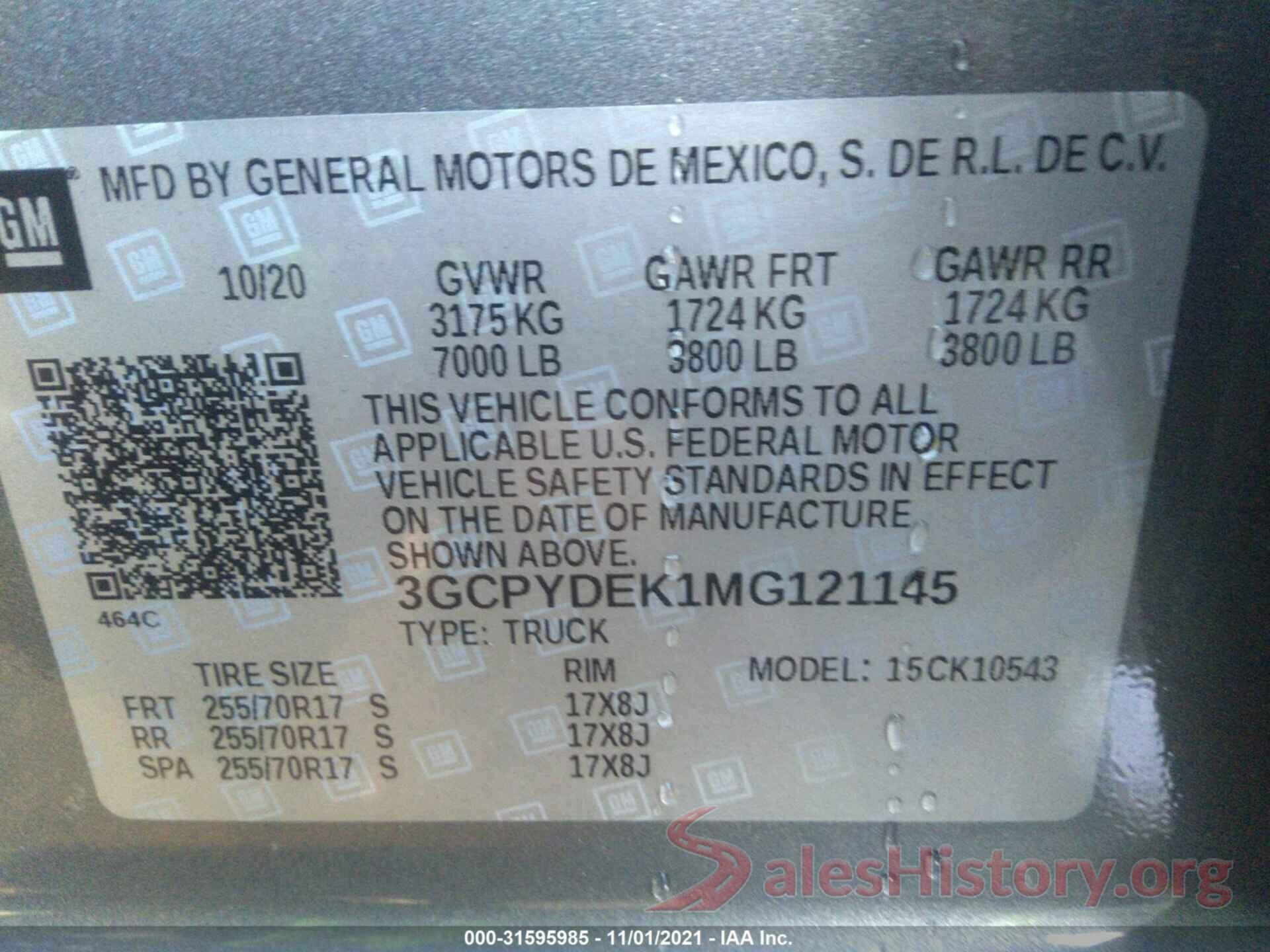 3GCPYDEK1MG121145 2021 CHEVROLET SILVERADO 1500