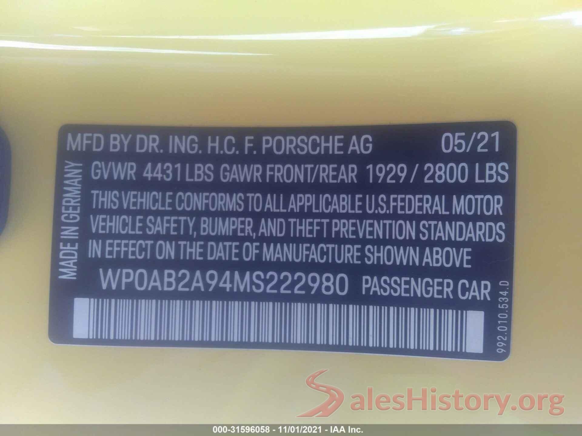 WP0AB2A94MS222980 2021 PORSCHE 911