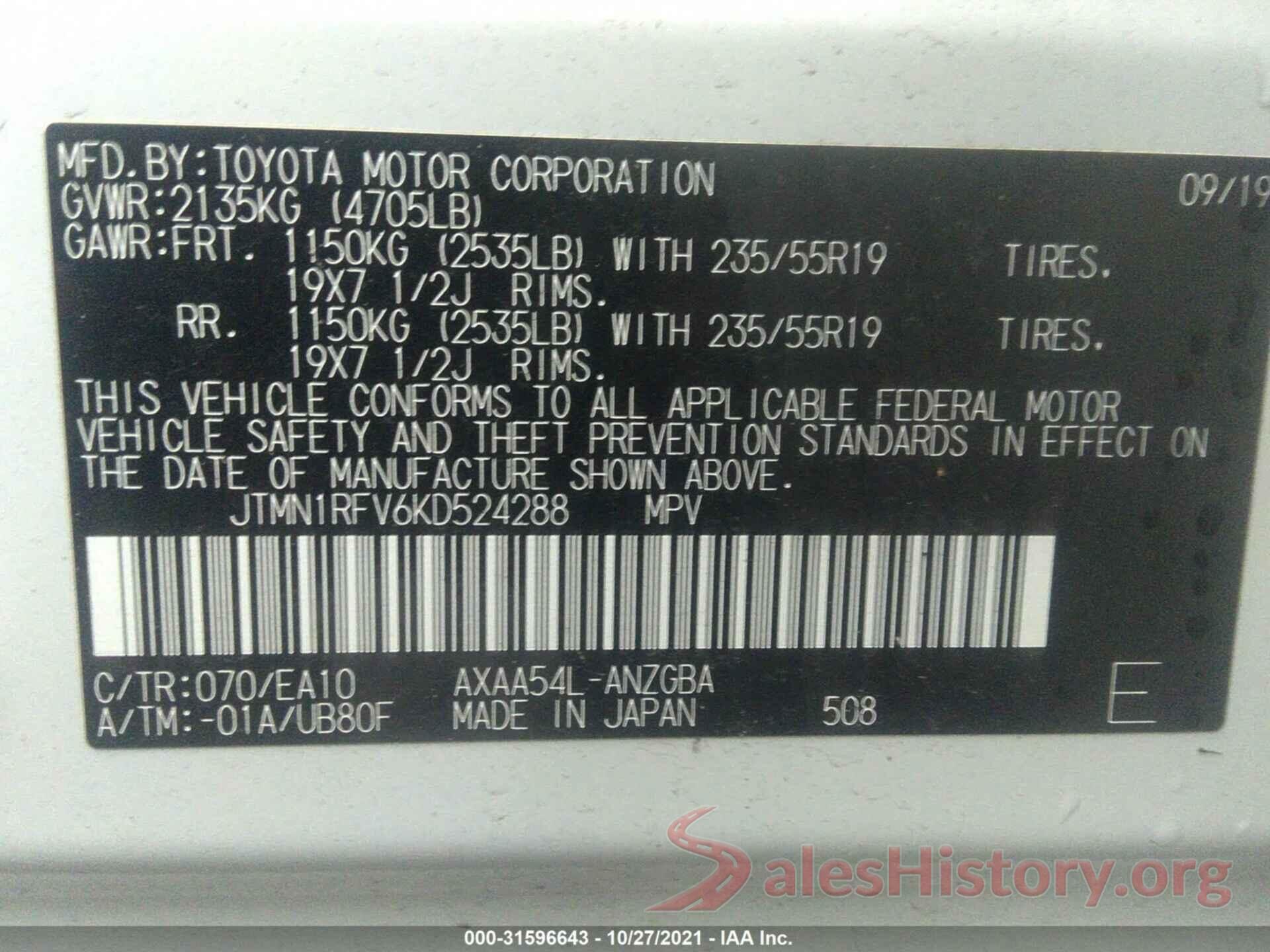 JTMN1RFV6KD524288 2019 TOYOTA RAV4