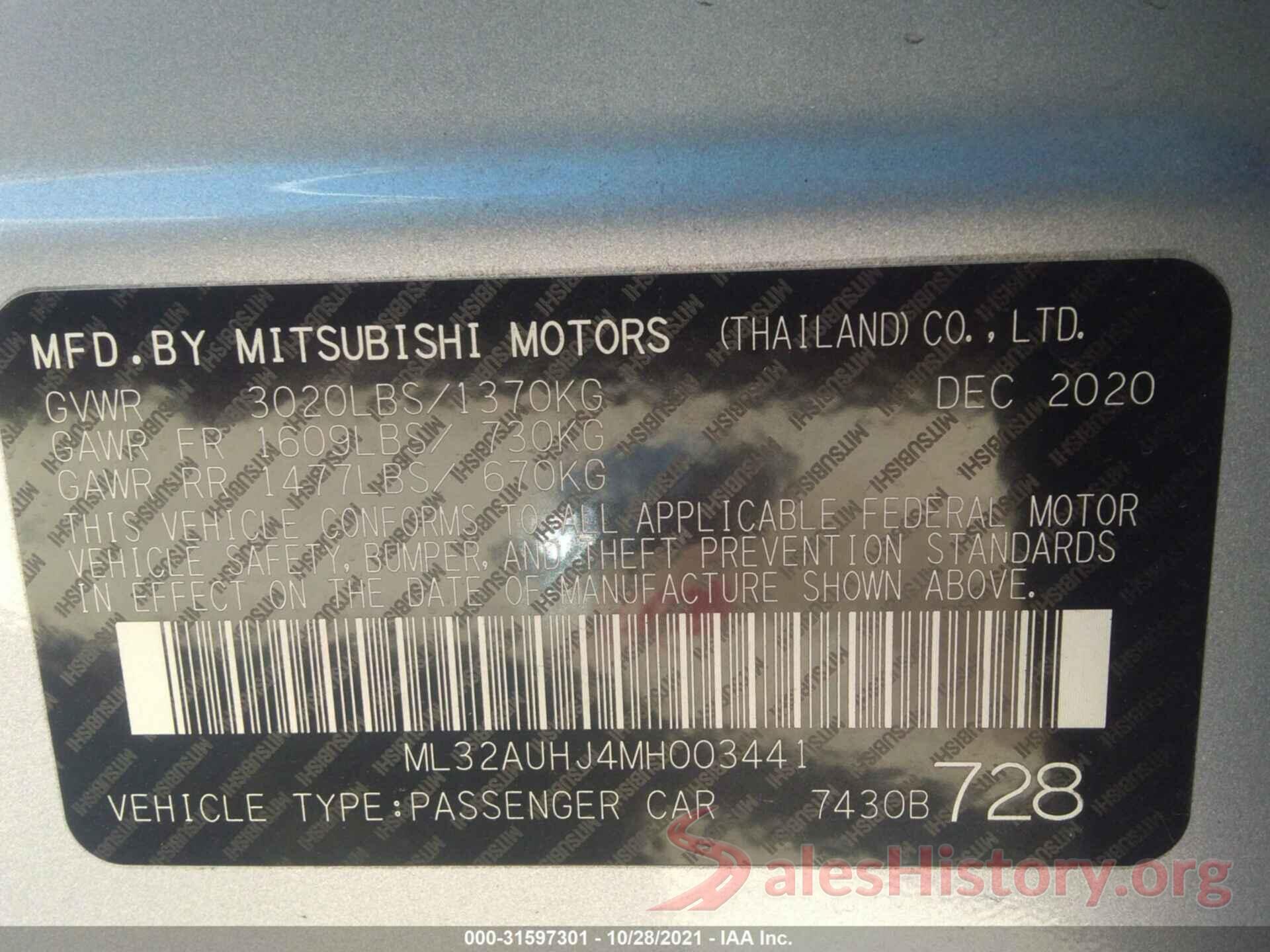 ML32AUHJ4MH003441 2021 MITSUBISHI MIRAGE