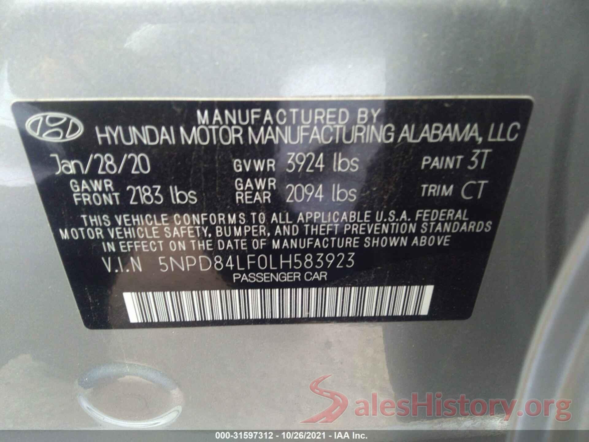 5NPD84LF0LH583923 2020 HYUNDAI ELANTRA