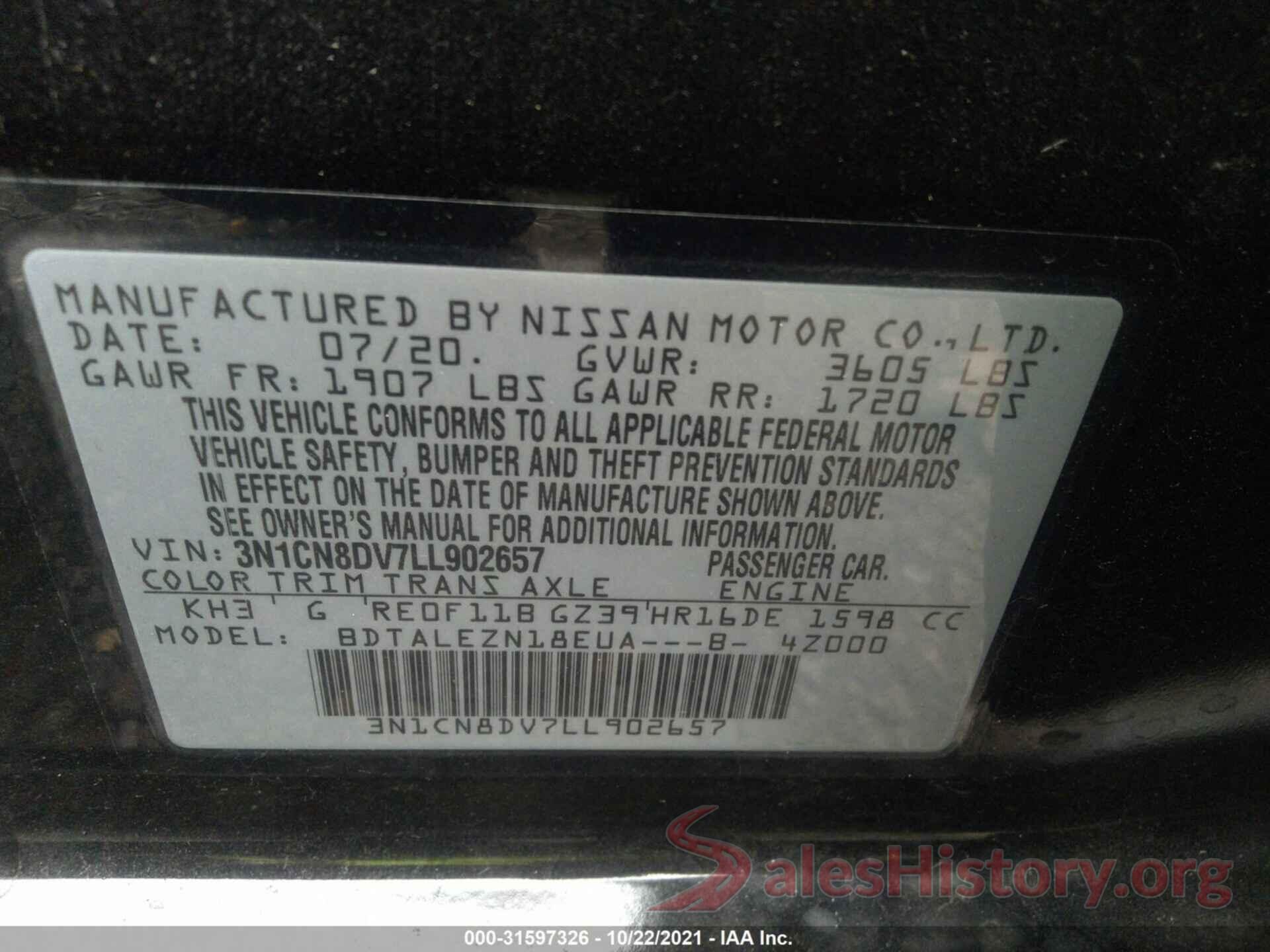 3N1CN8DV7LL902657 2020 NISSAN VERSA