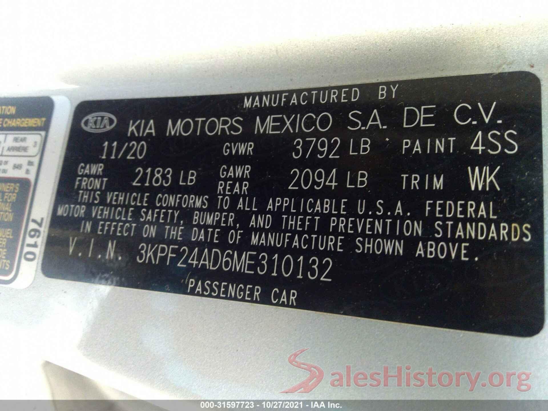 3KPF24AD6ME310132 2021 KIA FORTE