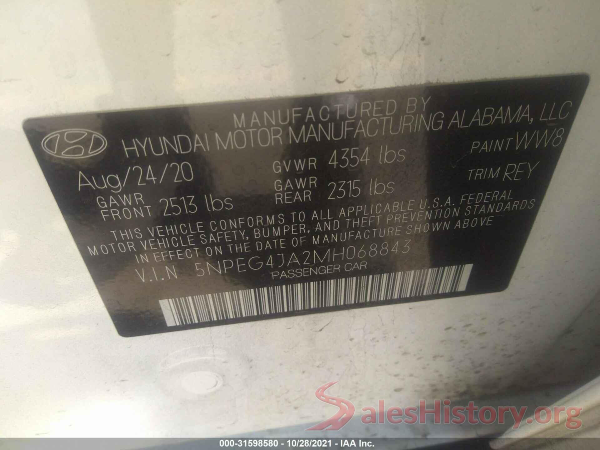 5NPEG4JA2MH068843 2021 HYUNDAI SONATA