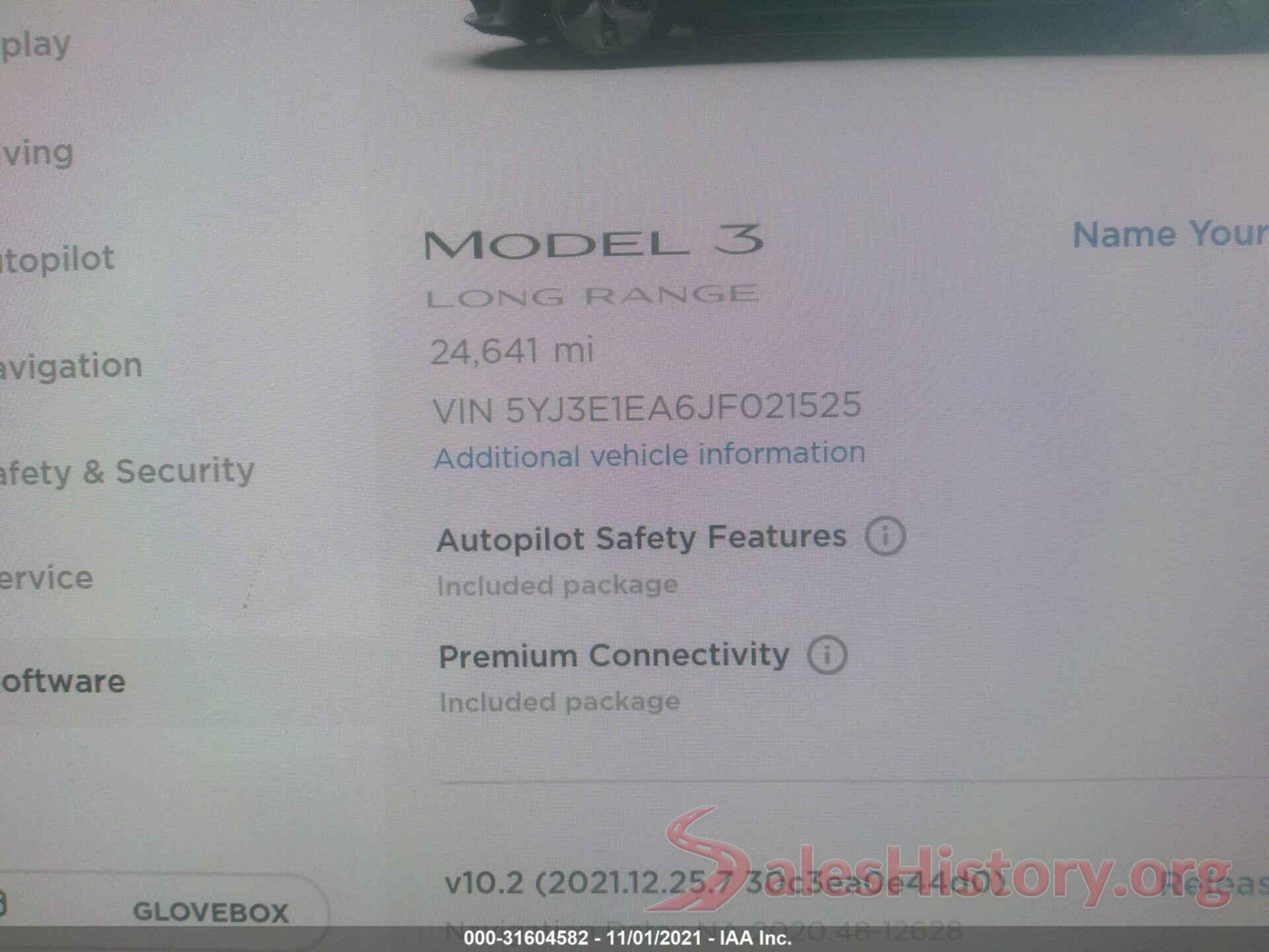 5YJ3E1EA6JF021525 2018 TESLA MODEL 3