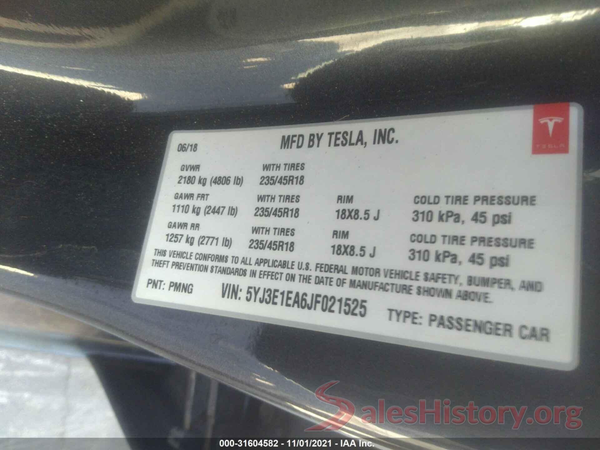 5YJ3E1EA6JF021525 2018 TESLA MODEL 3