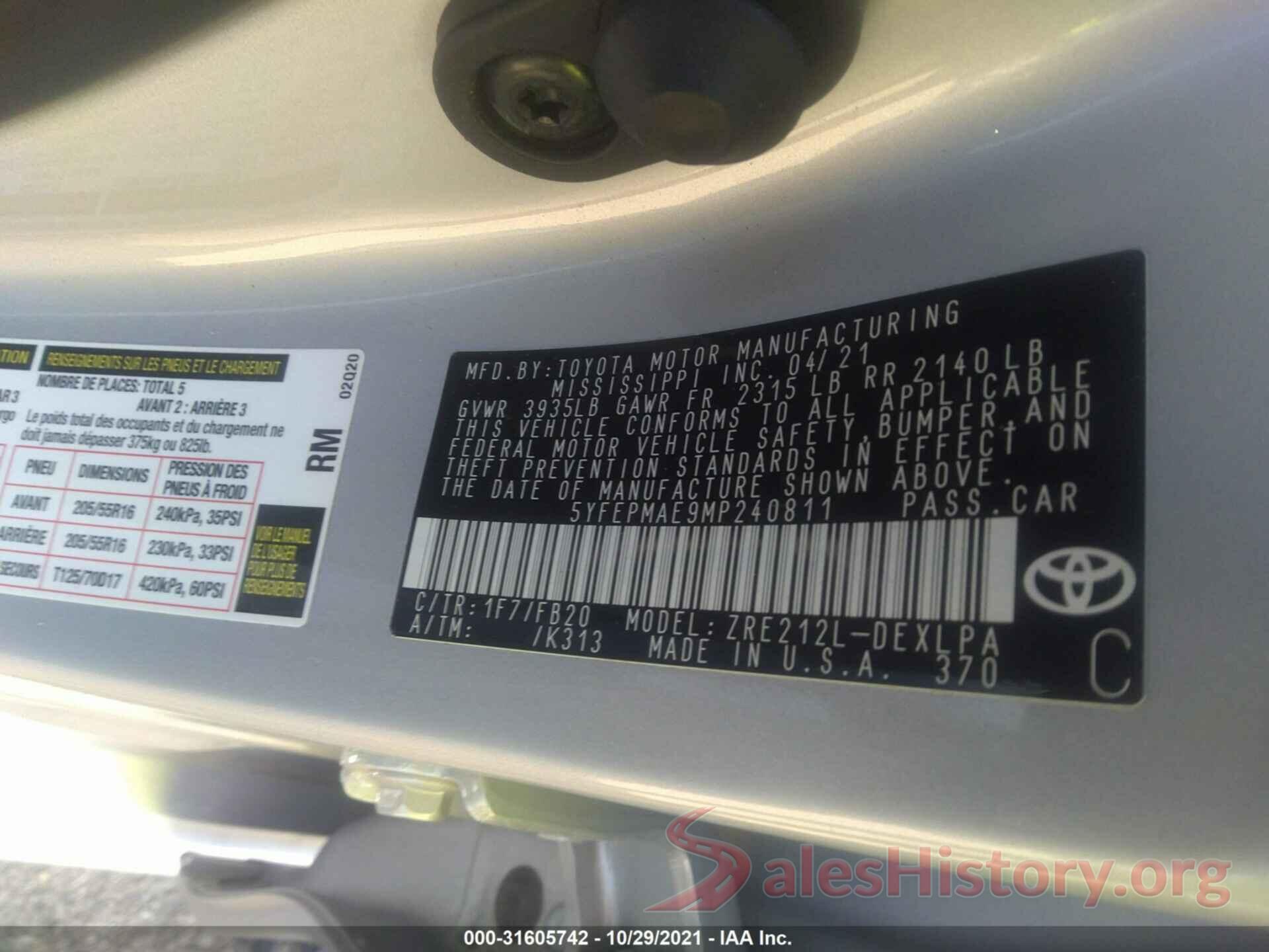 5YFEPMAE9MP240811 2021 TOYOTA COROLLA