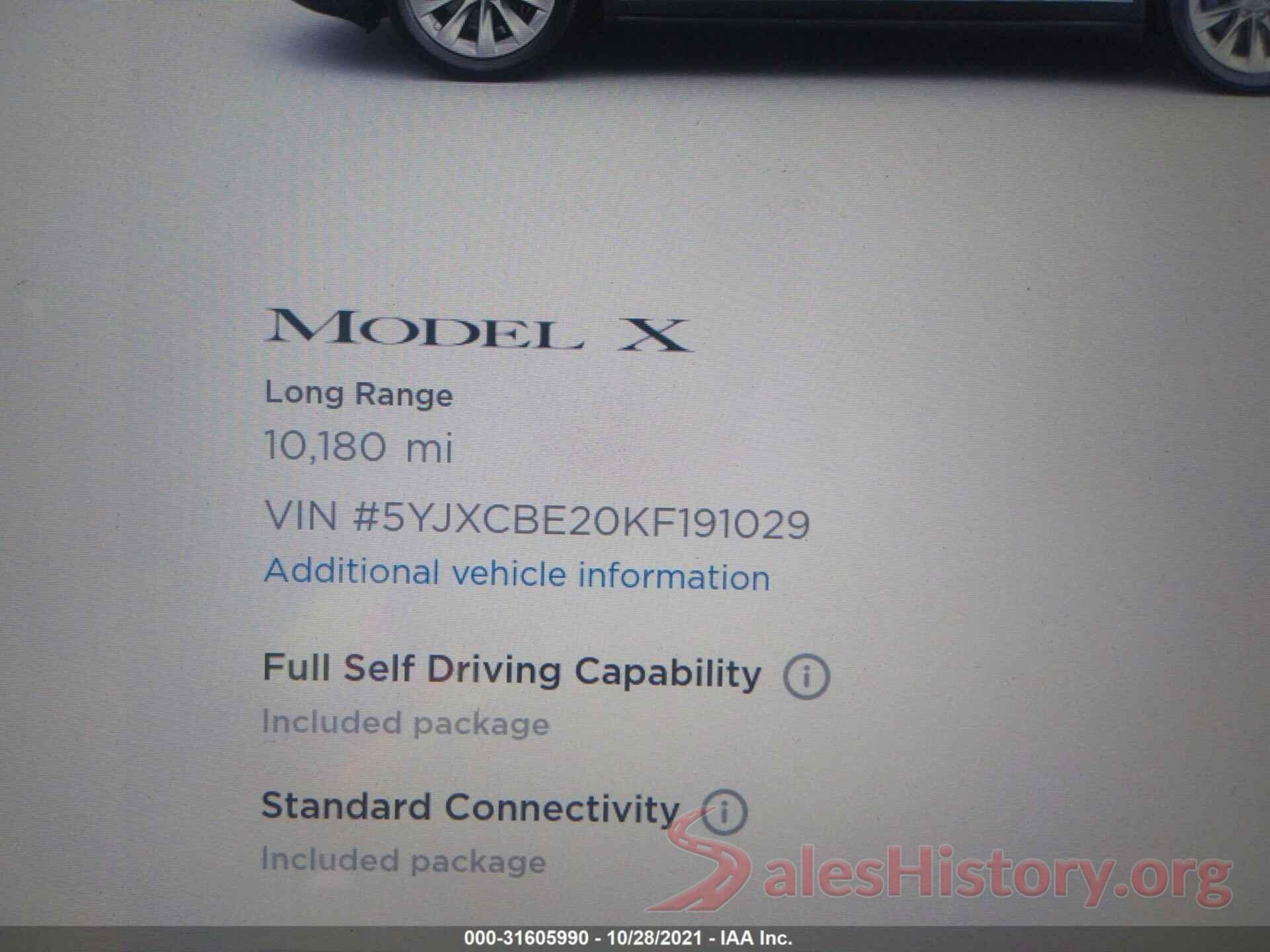 5YJXCBE20KF191029 2019 TESLA MODEL X