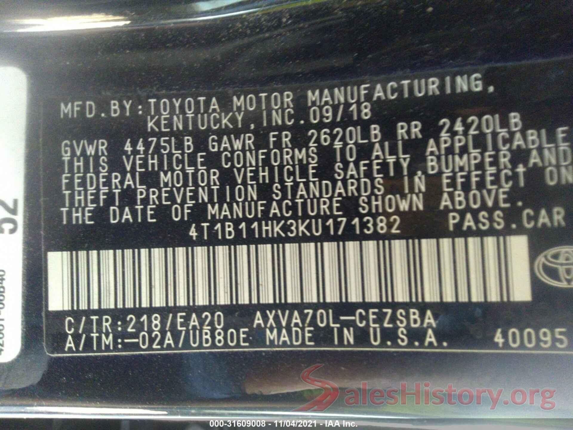 4T1B11HK3KU171382 2019 TOYOTA CAMRY