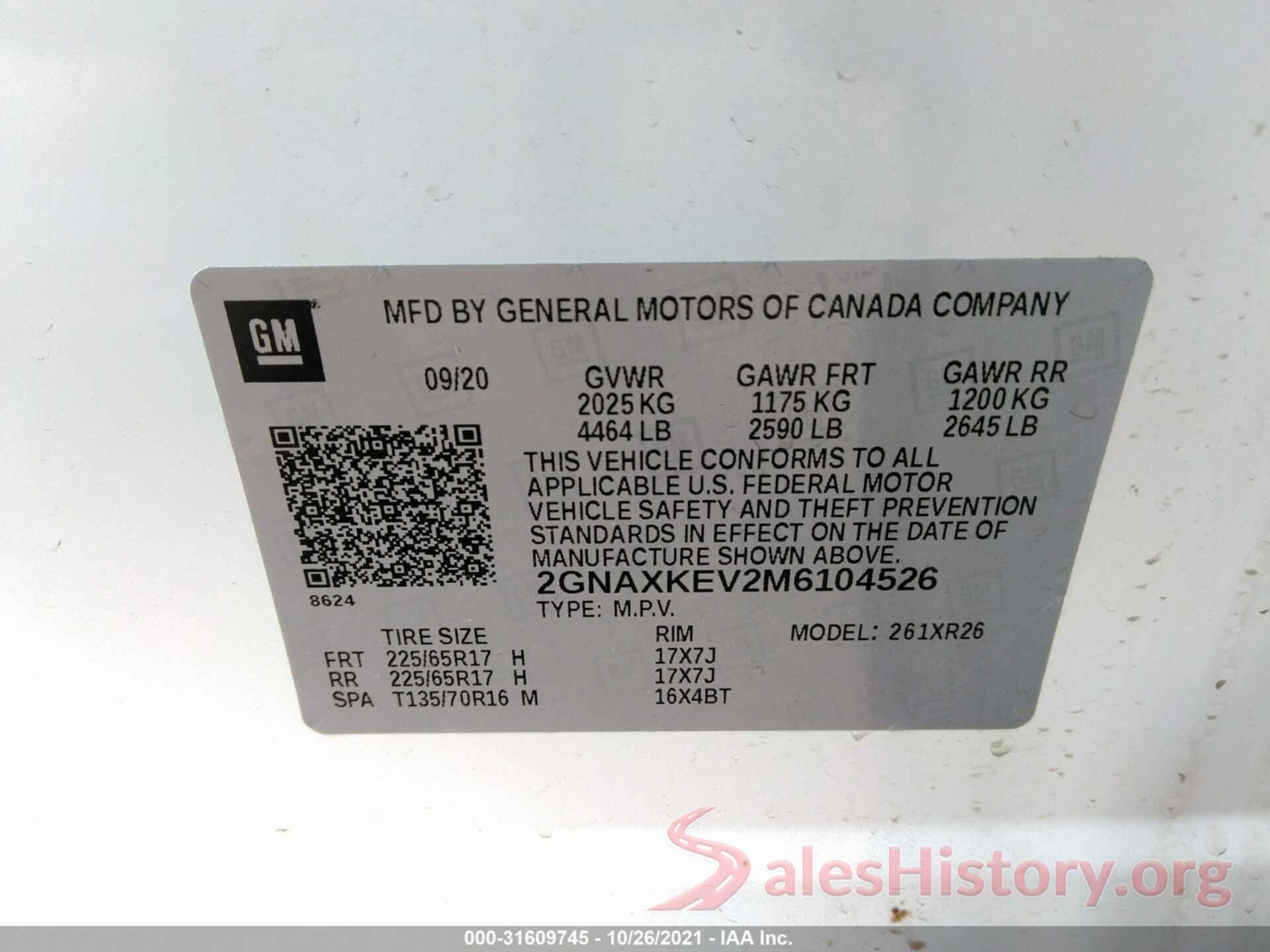 2GNAXKEV2M6104526 2021 CHEVROLET EQUINOX