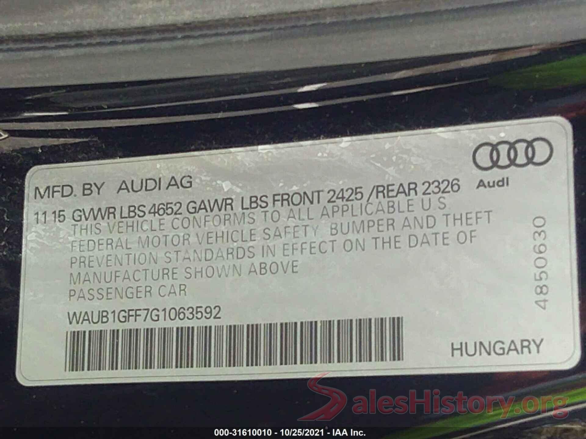 WAUB1GFF7G1063592 2016 AUDI S3