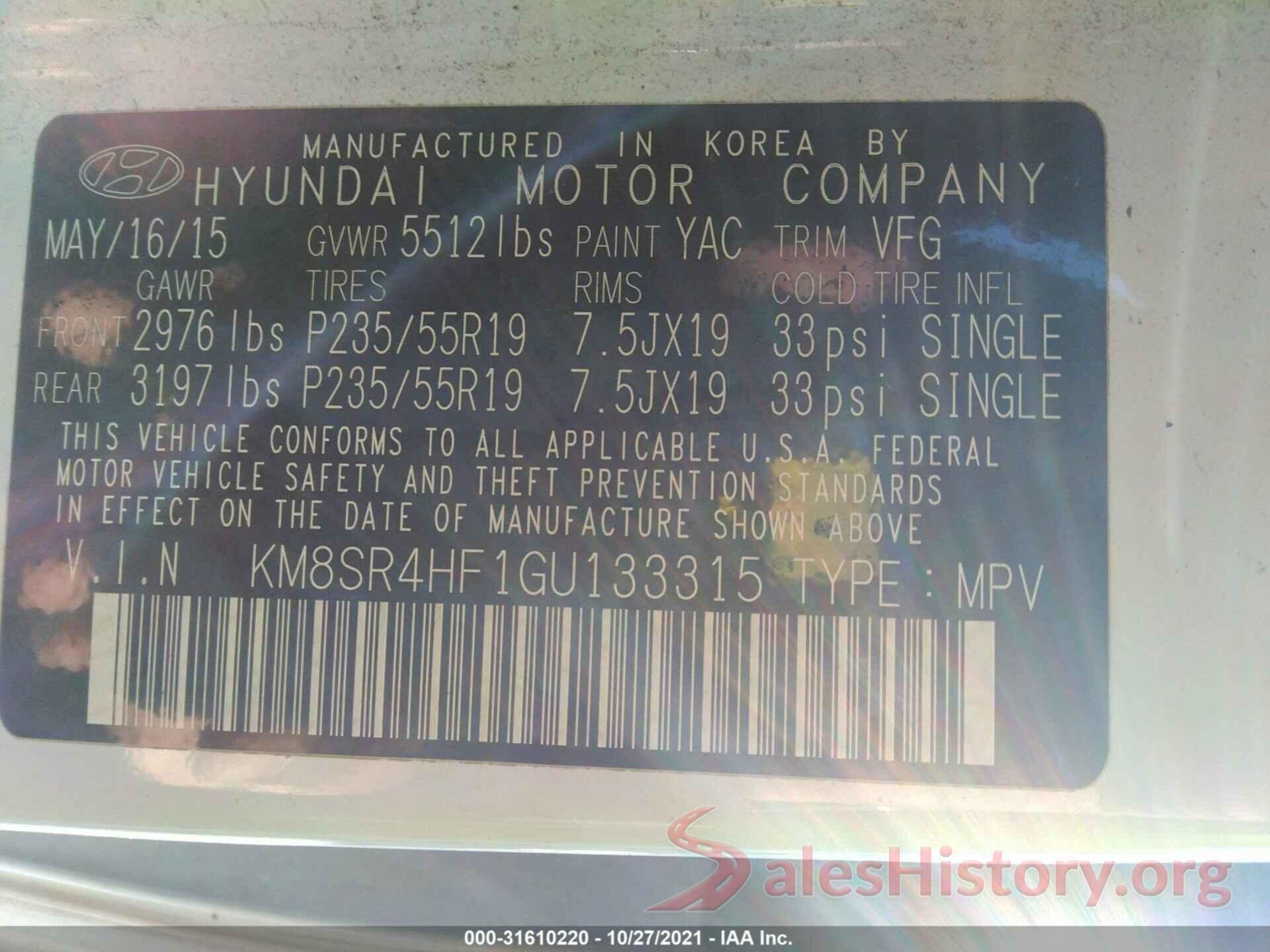 KM8SR4HF1GU133315 2016 HYUNDAI SANTA FE