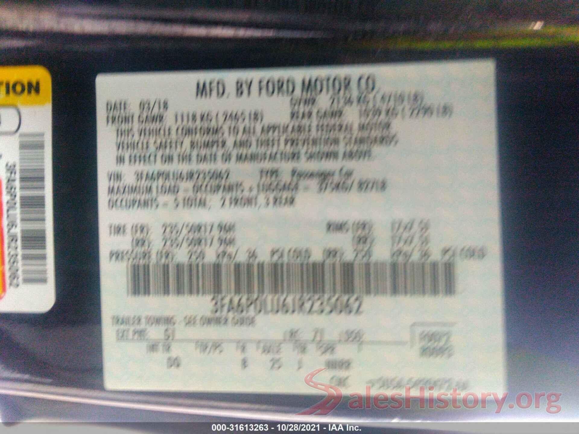 3FA6P0LU6JR235062 2018 FORD FUSION HYBRID