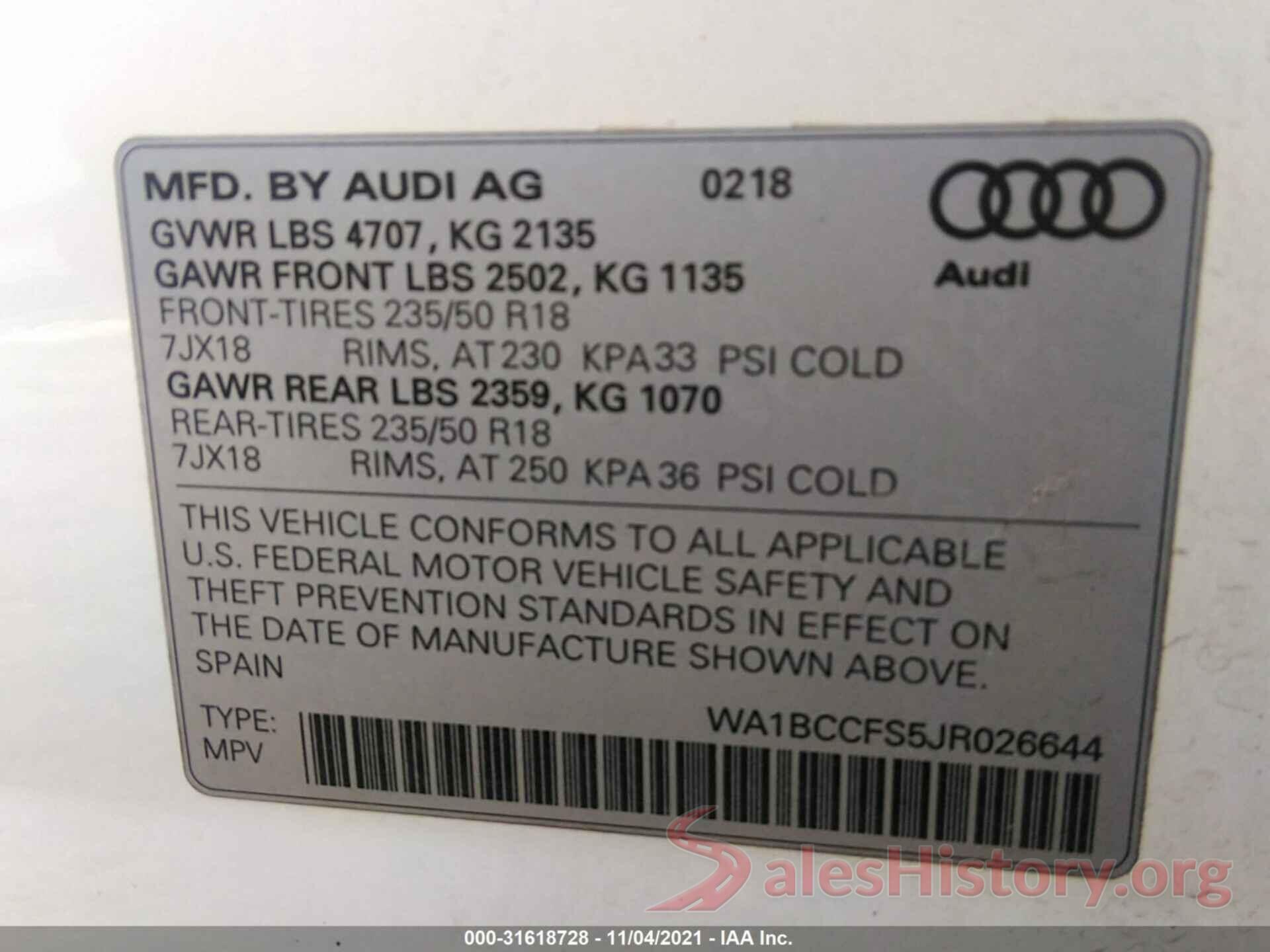 WA1BCCFS5JR026644 2018 AUDI Q3