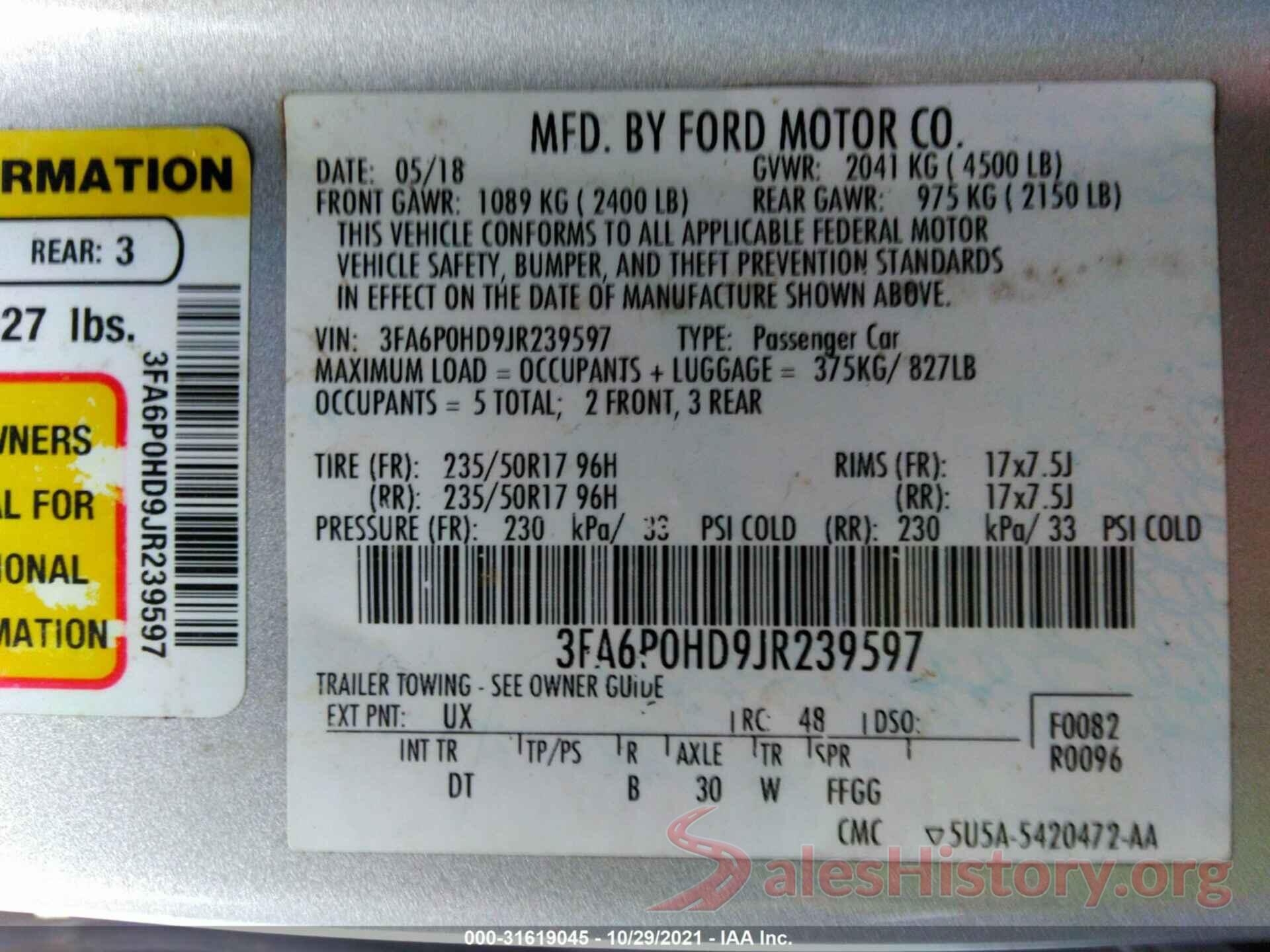 3FA6P0HD9JR239597 2018 FORD FUSION