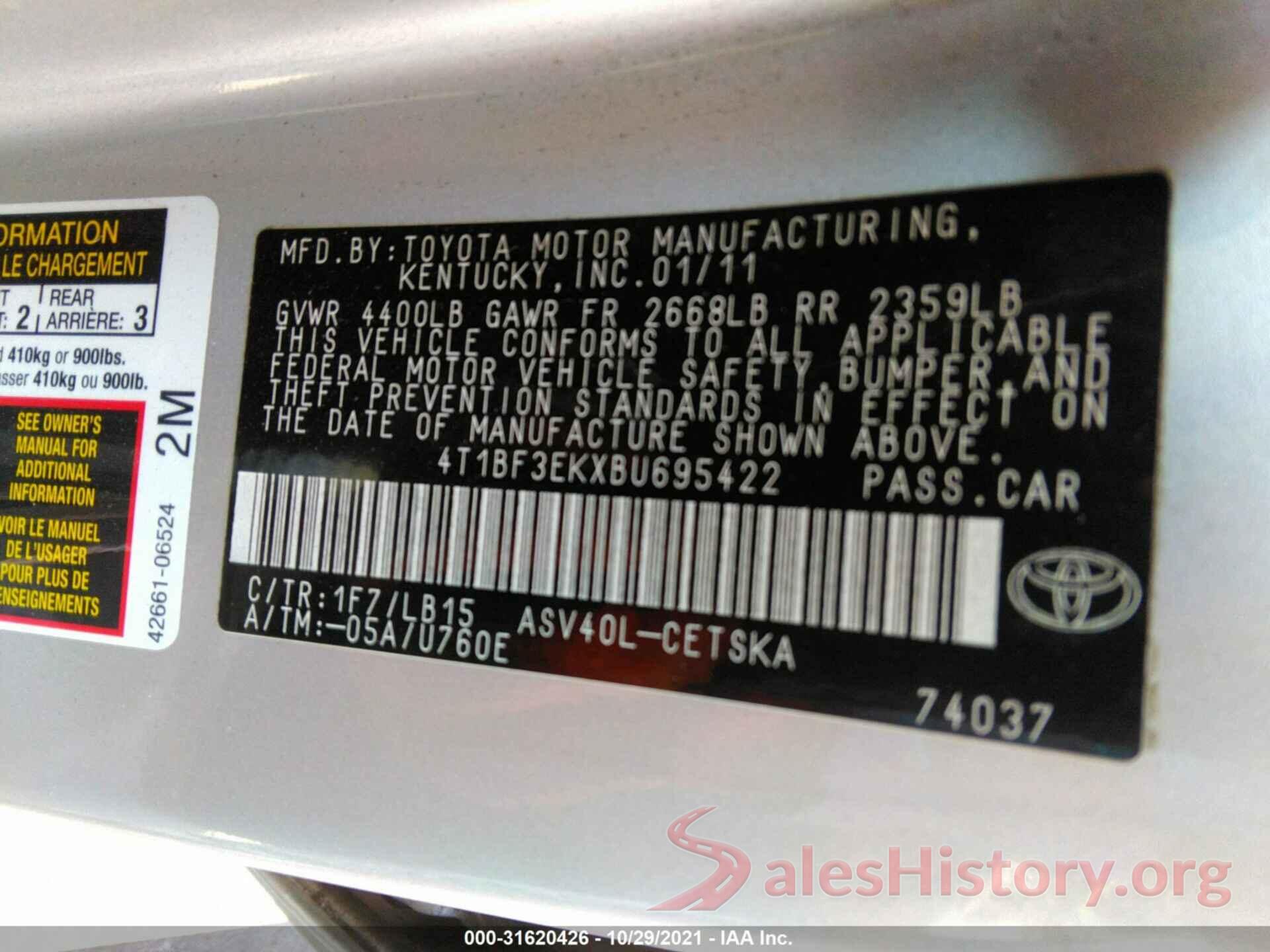 4T1BF3EKXBU695422 2011 TOYOTA CAMRY