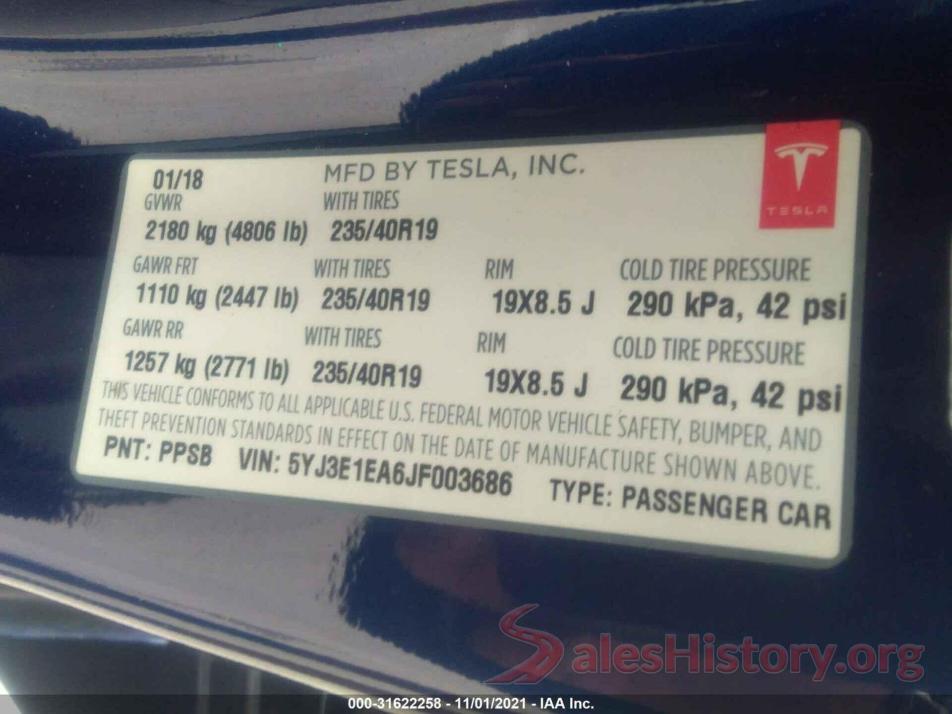 5YJ3E1EA6JF003686 2018 TESLA MODEL 3