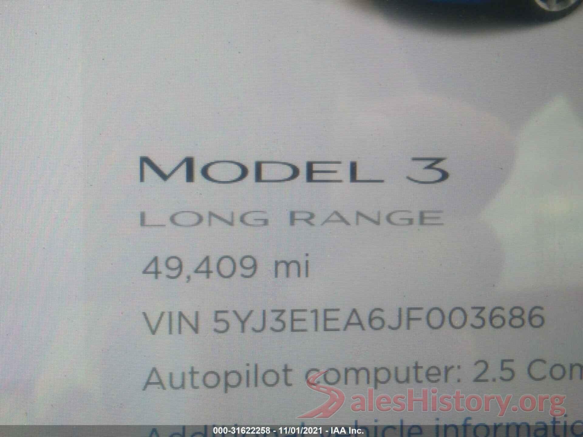 5YJ3E1EA6JF003686 2018 TESLA MODEL 3